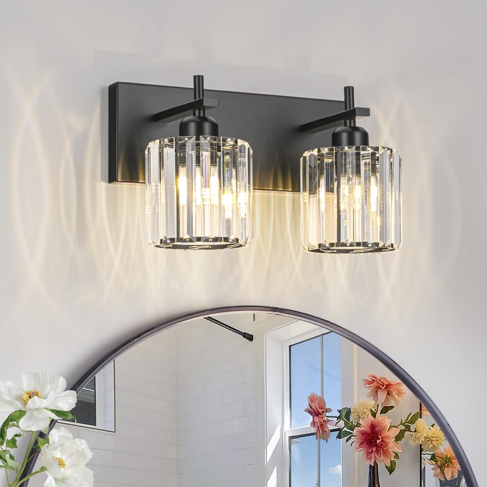 HUOKU Bathroom Vanity Lights, Modern 2-Light Fixture, Black Metal with Crystal Round Shade