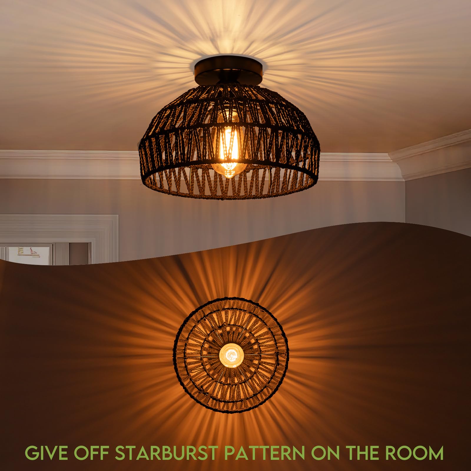 Dsliting Black Rattan Ceiling Light Fixtures Boho Chandelier Small Woven Flush Ceiling Mount Lighting Fixture Close To Ceiling L