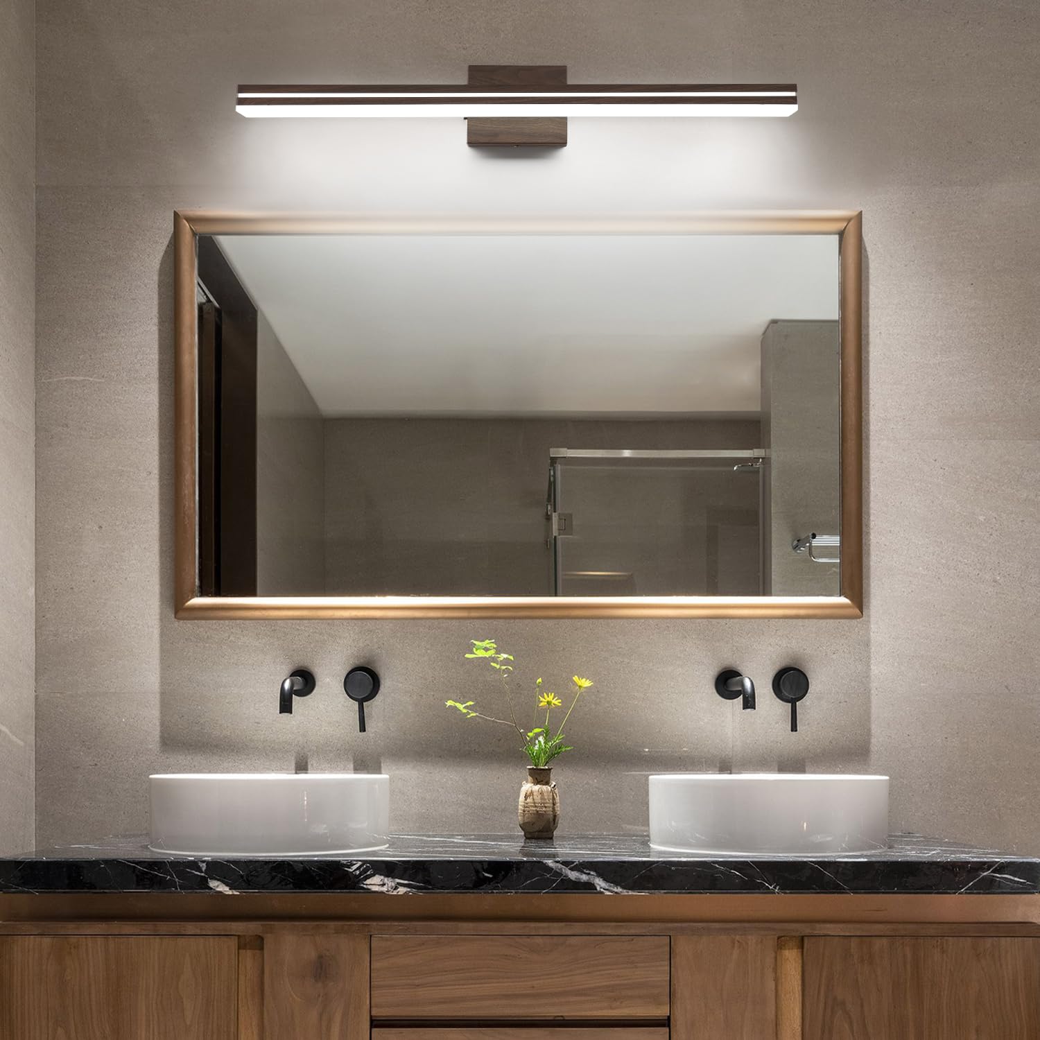 SineRise LED Bathroom Vanity Light Fixture, 32-Inch, Dimmable, Brown Wood & Acrylic, Model: af7ca732