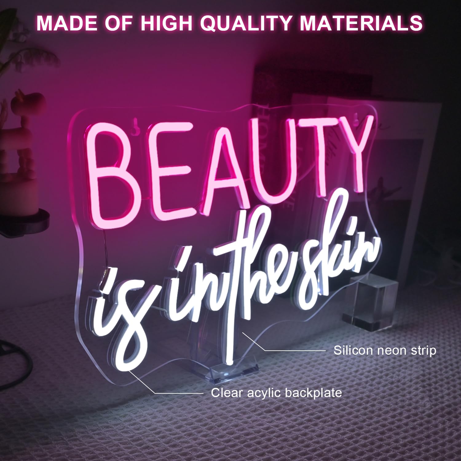 LUCUNSTAR Neon Sign, LED Wall Decoration for Beauty Salon, Medium Size, Plastic Material, Skin-Pink Color
