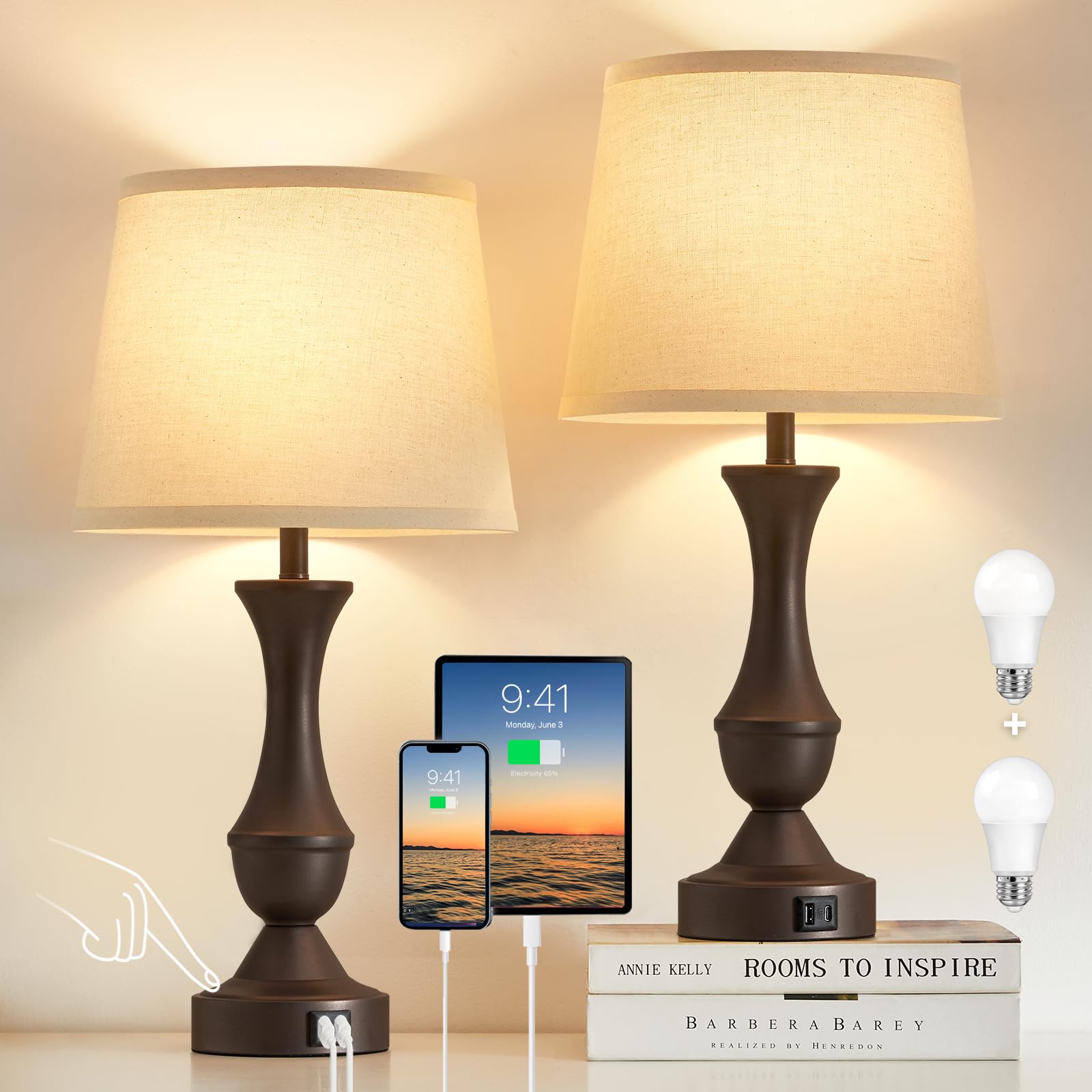 Luvkczc 22in Vintage Brown Table Lamp Set of 2 - 3-Way Dimmable, USB Ports, Beige Shade, Model 73008N