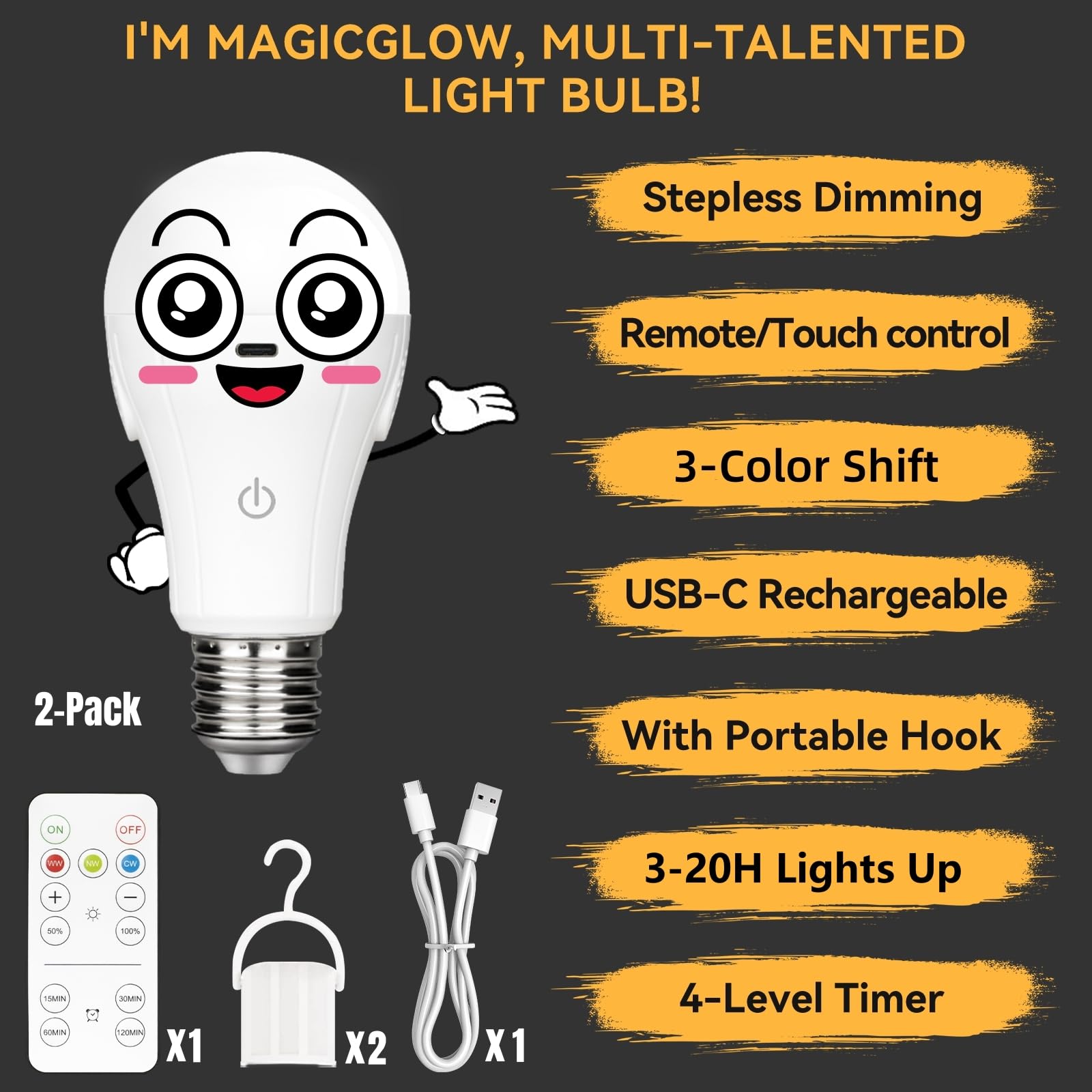 Neporal MagicGlow 15W USB Rechargeable Light Bulbs, Dimmable 3000K-6000K, 2-Pack, Remote+Touch Control, Large 1800mAh
