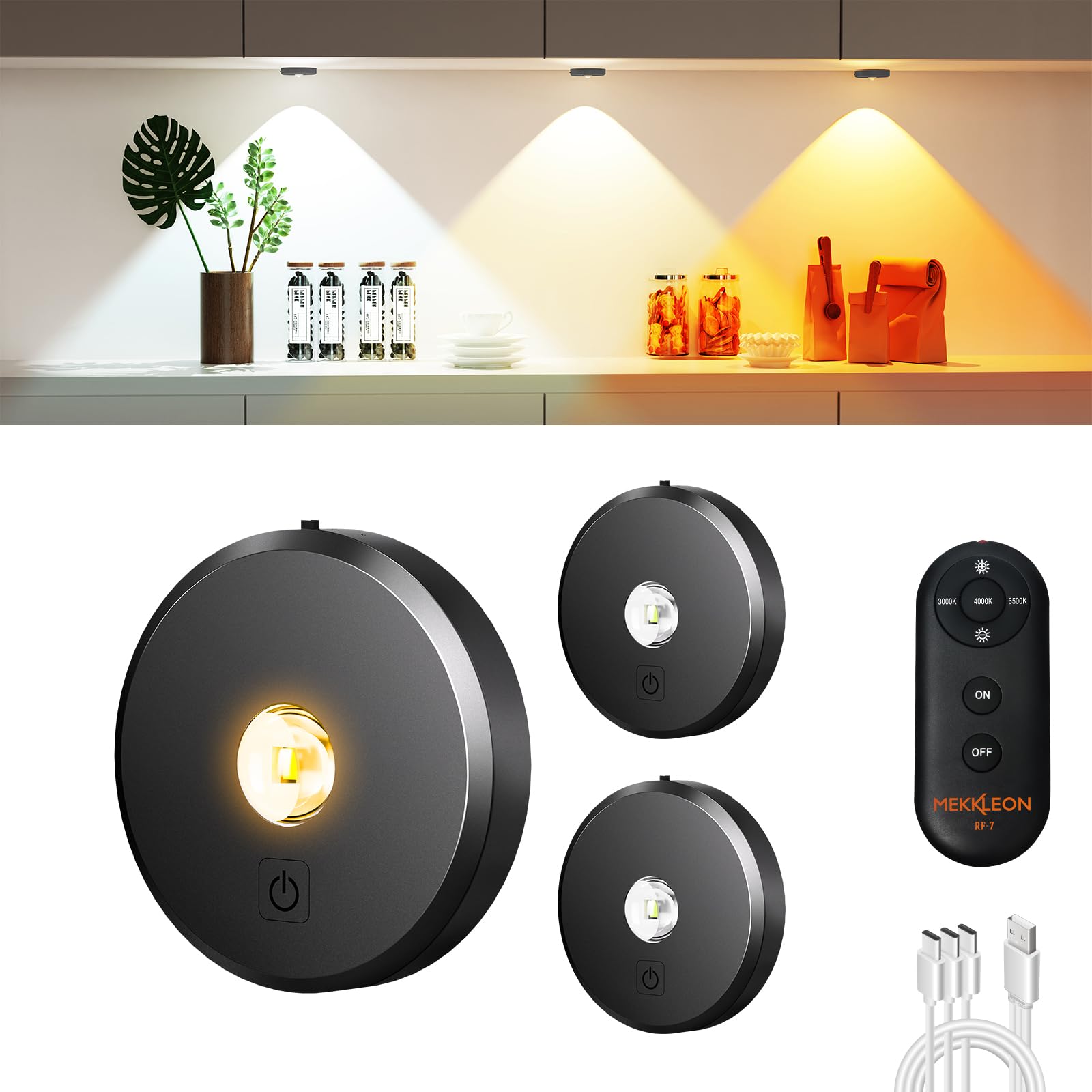 Mekkleon Puck Lights With Remote Control Rechargeable,Wireless Under Cabinet Lighting,2000Mah Battery Operated Tap Push Touch Lights,Stick On Lights For Counter,Shelf,Bookcase (Dark Grey, 3 Pcs)