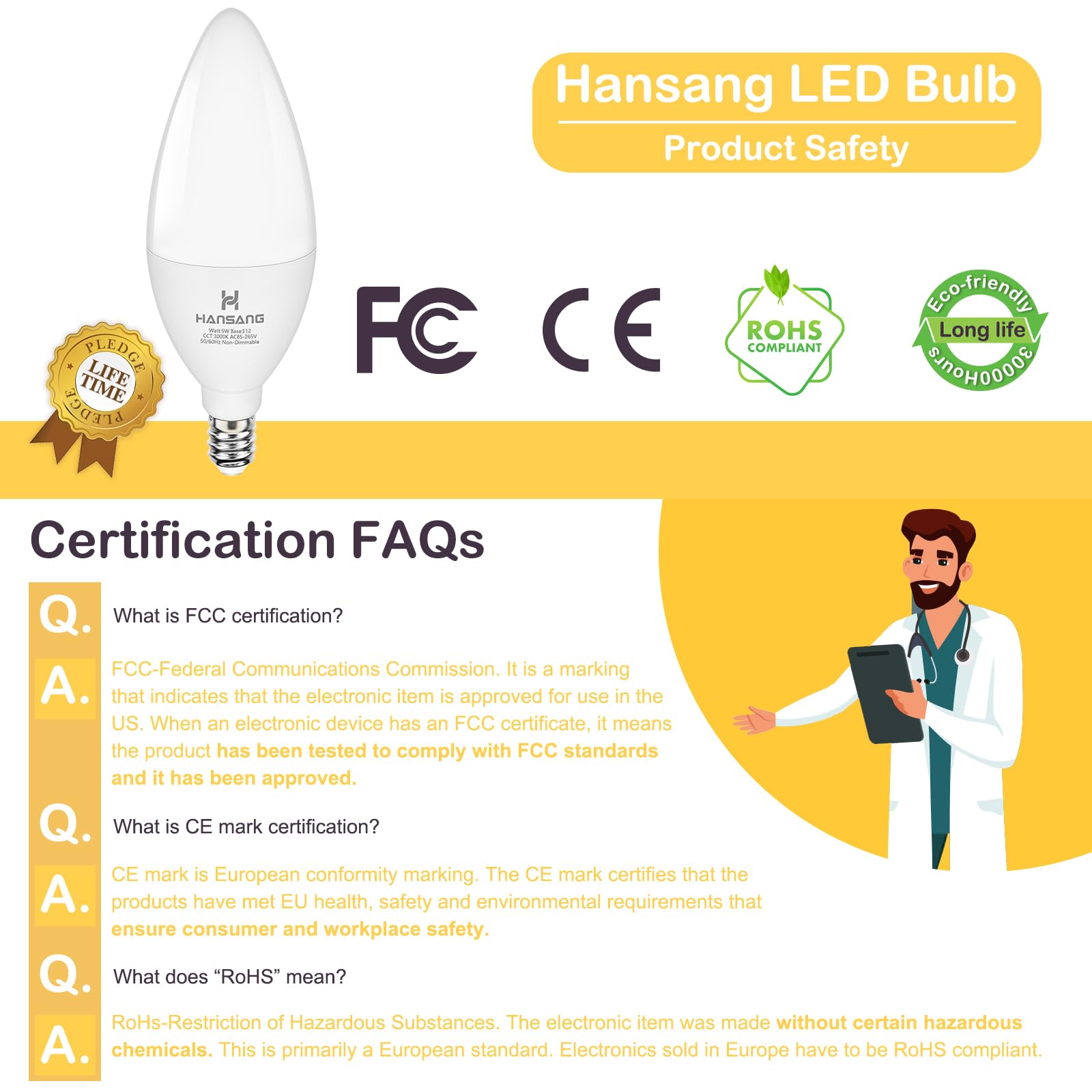 Hansang Candelabra Led Bulbs,60 Watt Equivalent,3000K Soft White,Type B Light Bulb,Pack Of 8,E12 Small Base,Decorative Chandelie