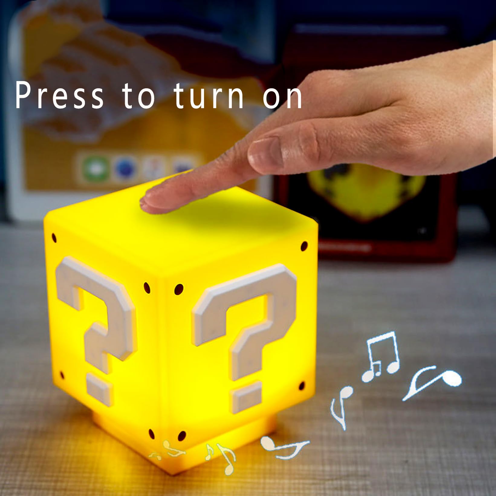 hopanrel Super Bros Question Block Lamp - Square LED Night Light with USB Cable, Yellow, HR-question lamp, Coin Sound Effect for Kids
