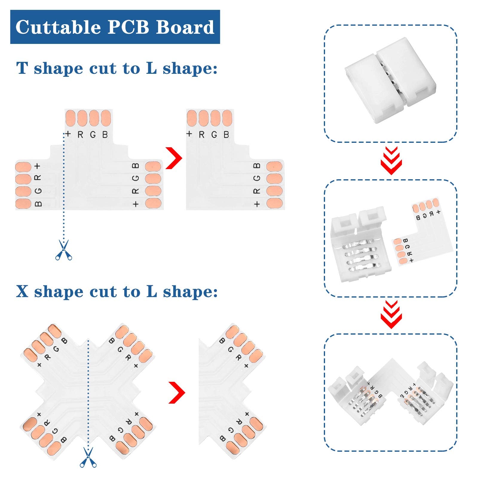 Mudder 95 Pieces 4 Pin Led Light Strip Connectors Set Including Screw Clips, 4 Pin Led Connectors, Cuttable T, L And X Shape Pcb