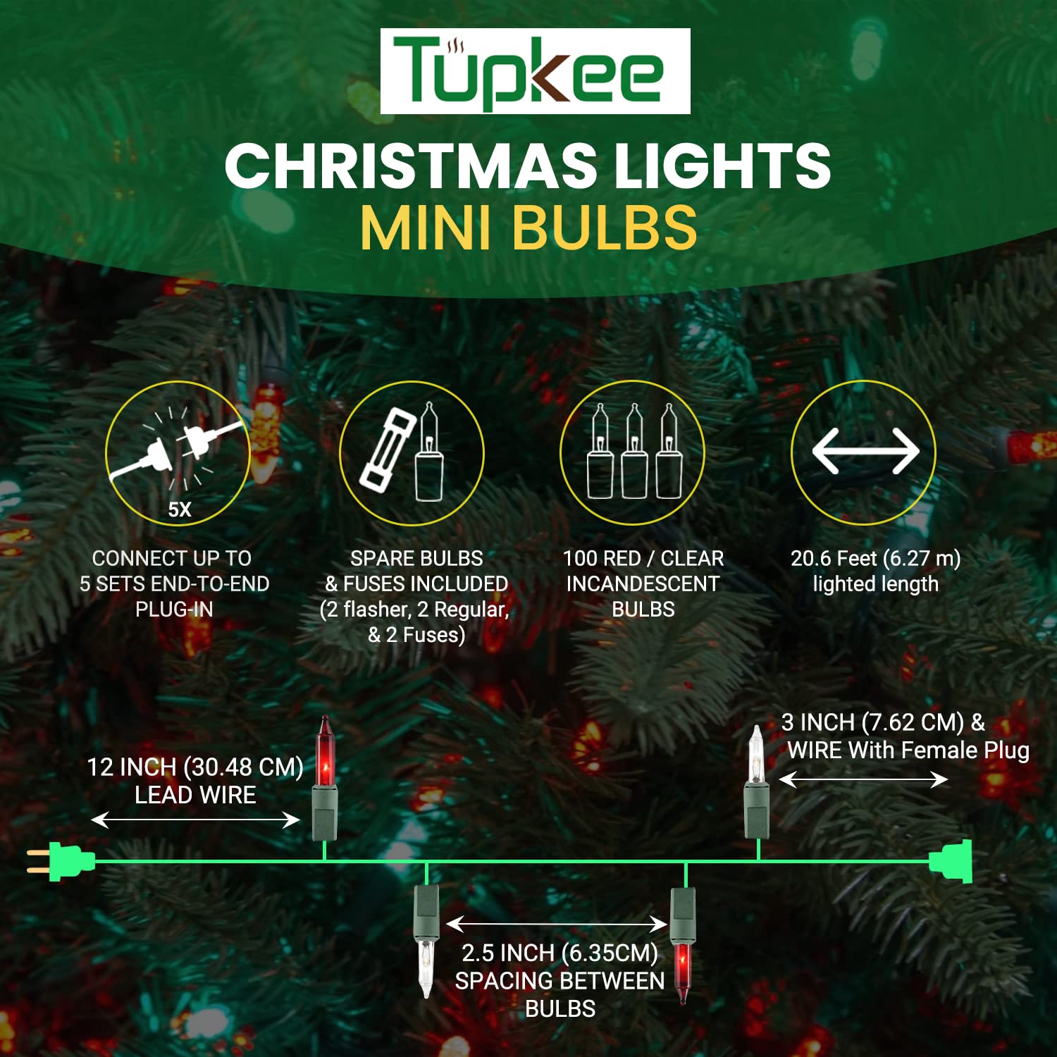 Christmas String Lights 100 Count - Incandescent Mini Red And Clear Candy Cane Peppermint Warm Christmas Light - 20.6 Feet Light String - Christmas Tree Lights - Indoor & Outdoor Christmas Decorations