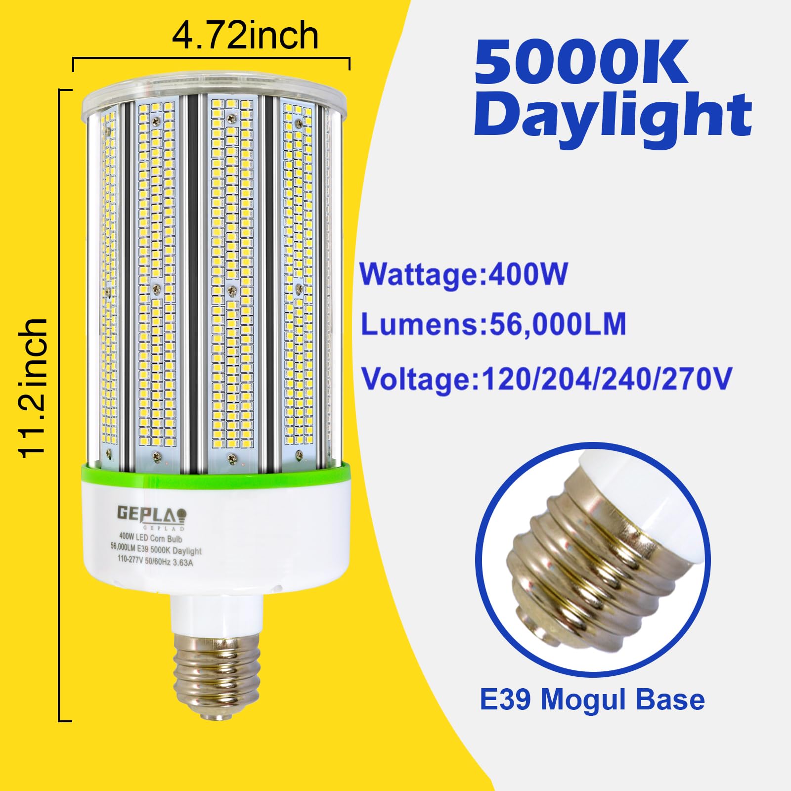 GEPLAD 400W LED Corn Cob Light Bulb, E39 Mogul Base, 5000K Daylight, 56,000LM, Non-Dimmable, Ideal for Street and