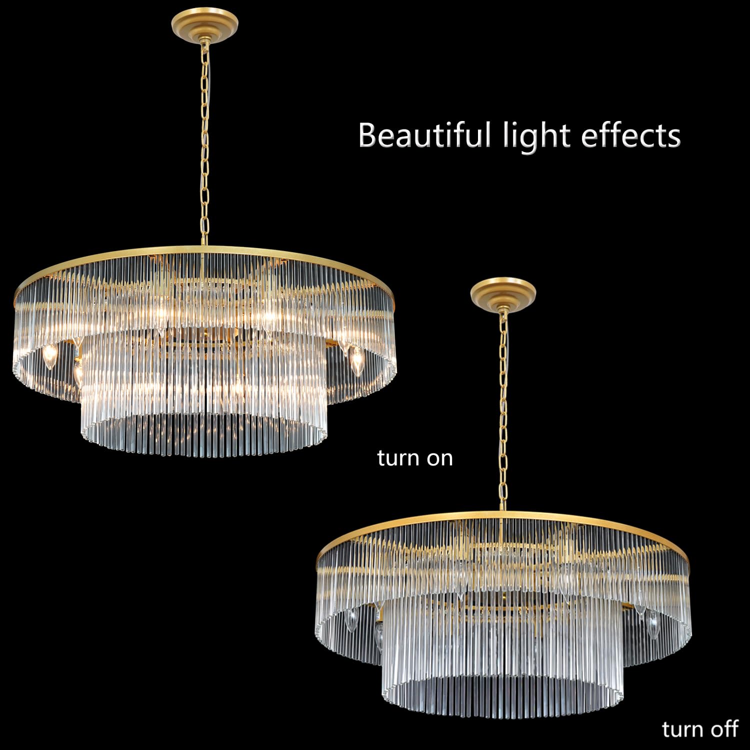 Akeelighting Gold Glass Chandelier, 10 Light 2 Tier Pendant Fixture, Medium Size (32" x 70"), Metal, Model AK004-800G