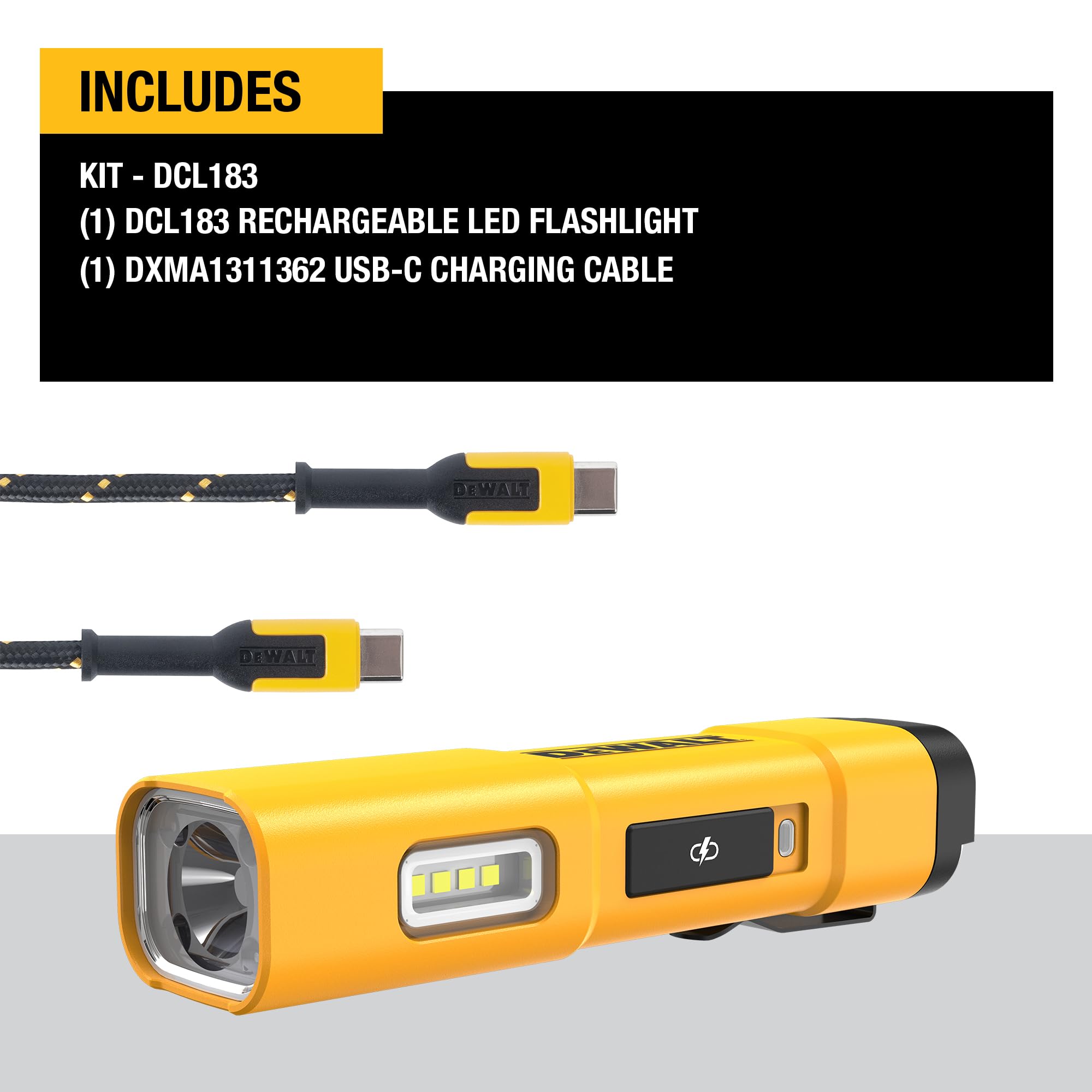 DEWALT LED Flashlight, USB-C Rechargeable, Magnetic Light, Model DCL183, Yellow, Plastic