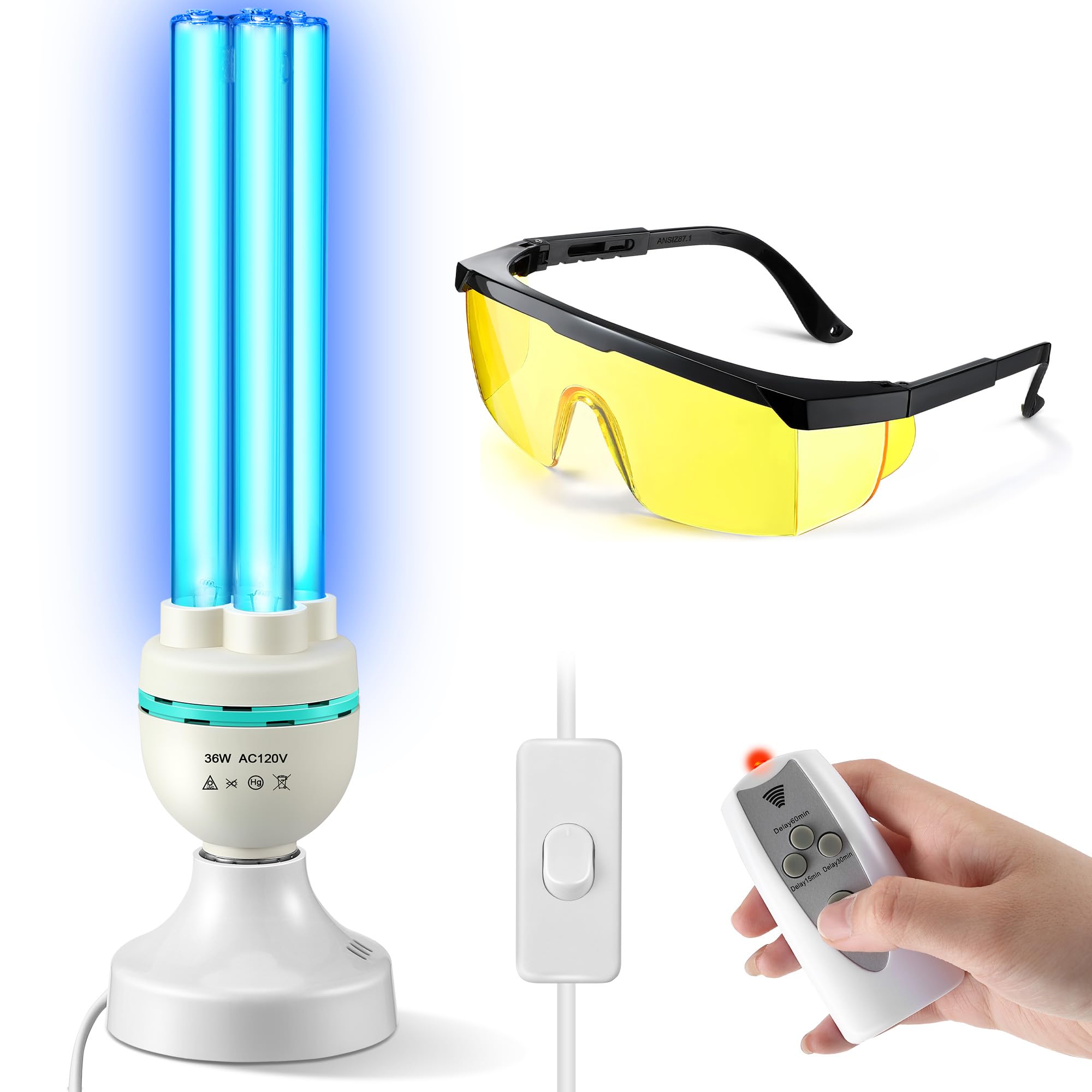 Mysora 36 Watts UV Light Ozone Free with Remote Control and Safety Goggles  UV Lamp with E26 Base  3 Gear Timer 15/30/60 Minutes  UVC Light Bulb for Basement  Bedroom  Kitchen  Storehouse