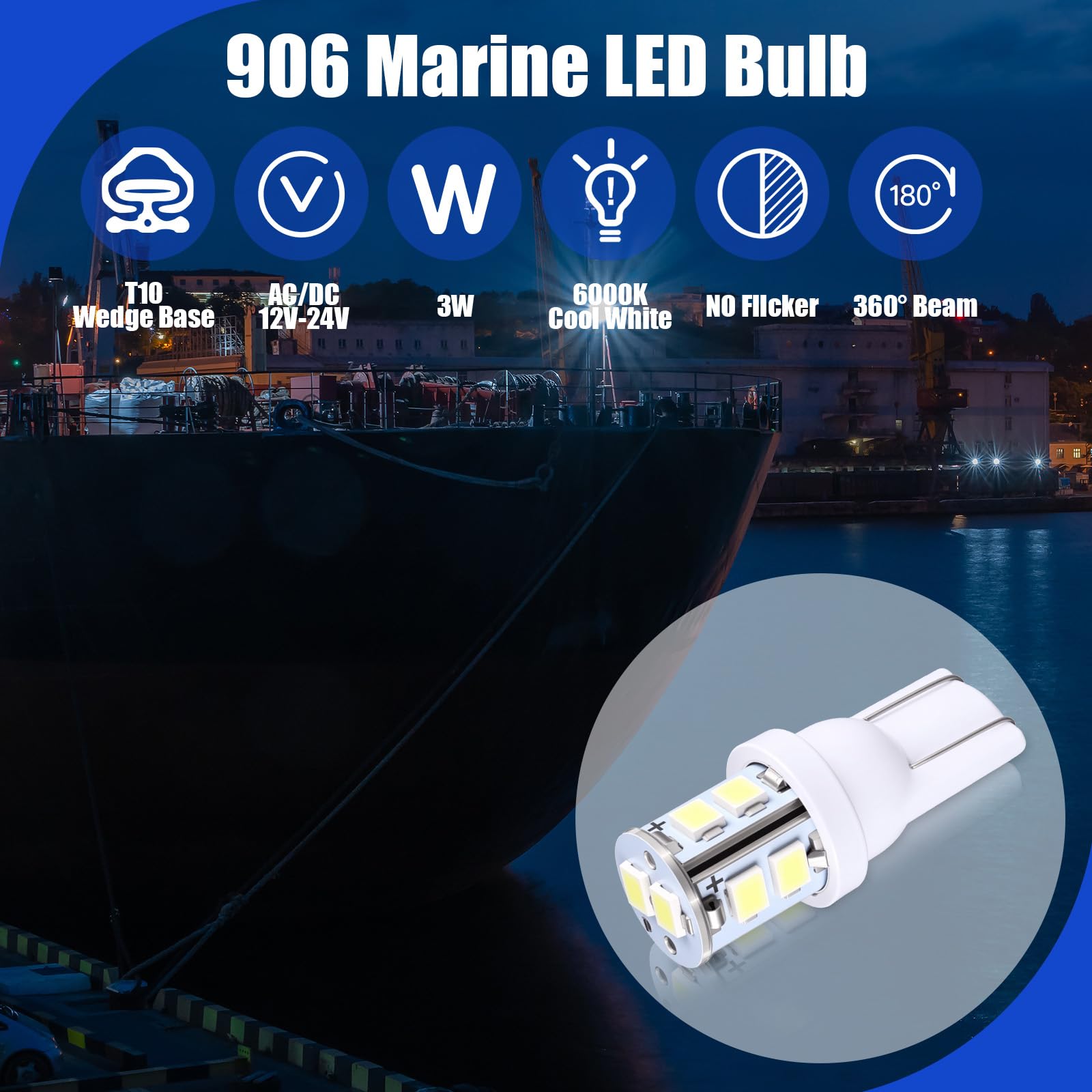 Aurelema 4 Pcs 906 LED Bulbs T10 Wedge Base Cool White 6000K Marine Boat Anchor Navigation Lights for Kayak Sailboat Pontoon