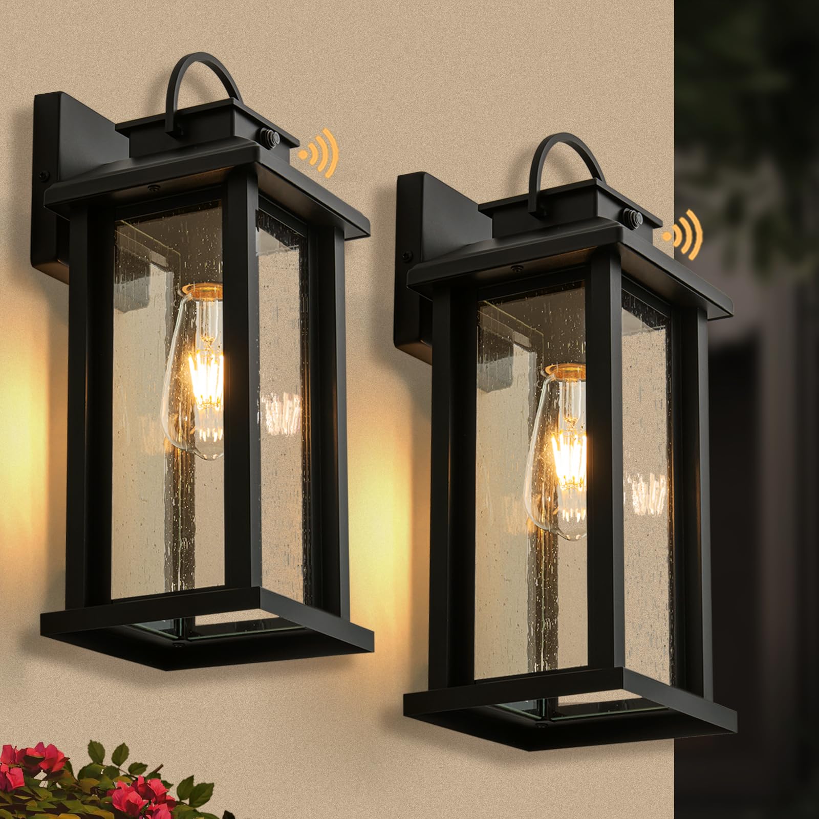 Yonaveil 2-Pack 15.5 Inch Large Dusk to Dawn Outdoor Lighting, Matte Black Porch Lights Outdoor Light Fixture with Clear Seeded 