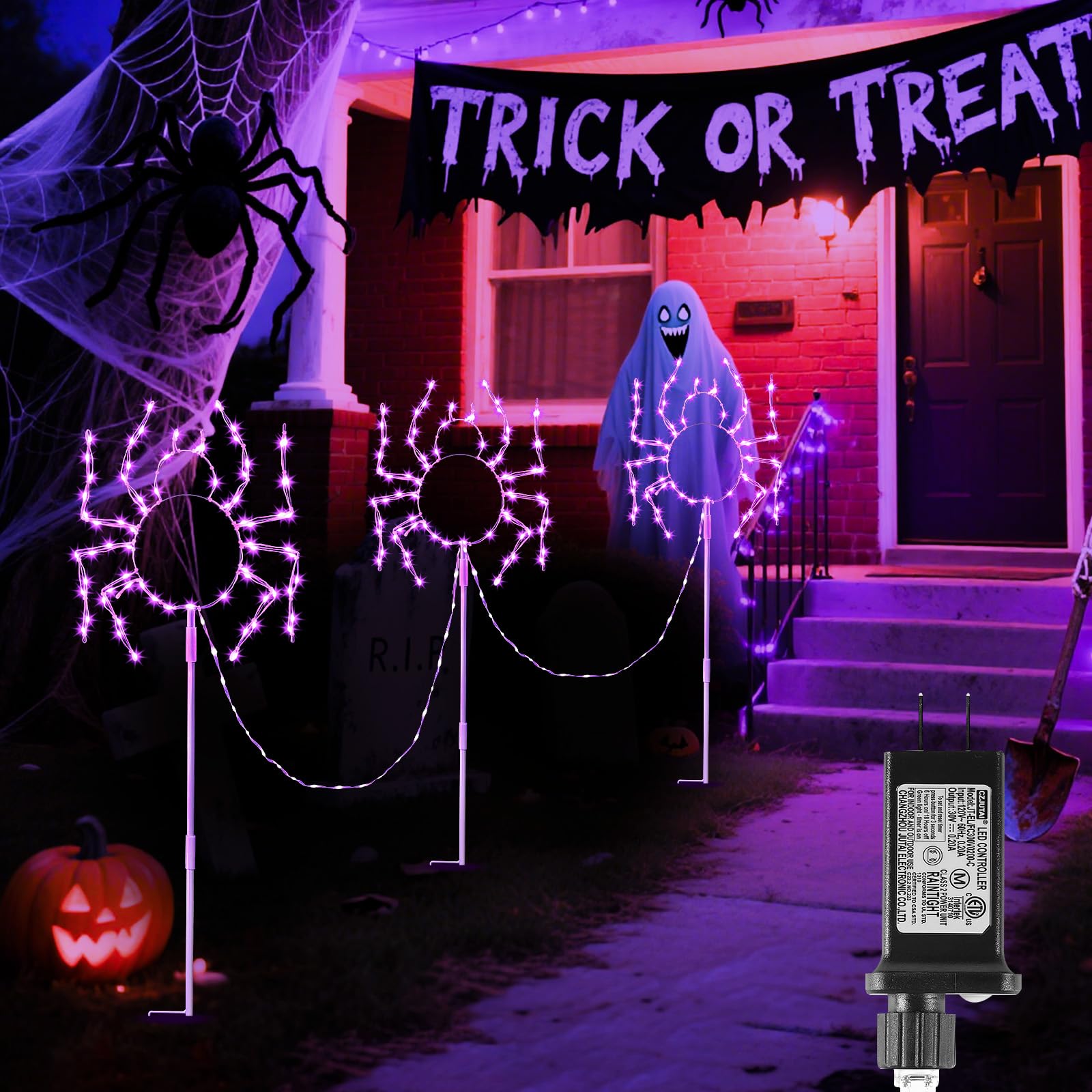 Hopolon Outdoor Halloween Spider Pathway Lights, 3-Pack, 229 LED, Purple, Waterproof with 8 Modes Timer for Garden Decor