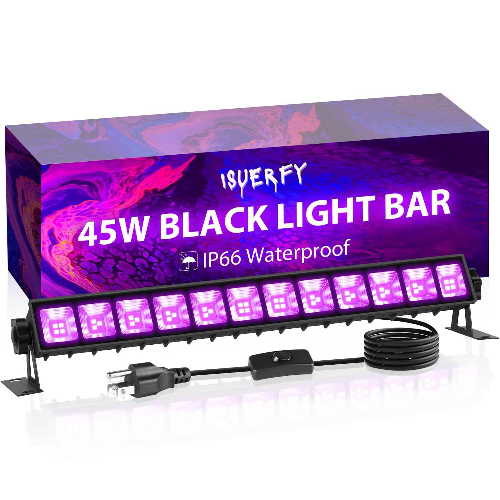 45W Black Light Bar IP66 Waterproof, LED Blacklight Bar with 6ft Cord+Switch+Plug, Light Up 25x25ft Area, Outdoor Black Lights for Glow Party Body Paint Fluorescent Poster Classroom Bedroom Halloween