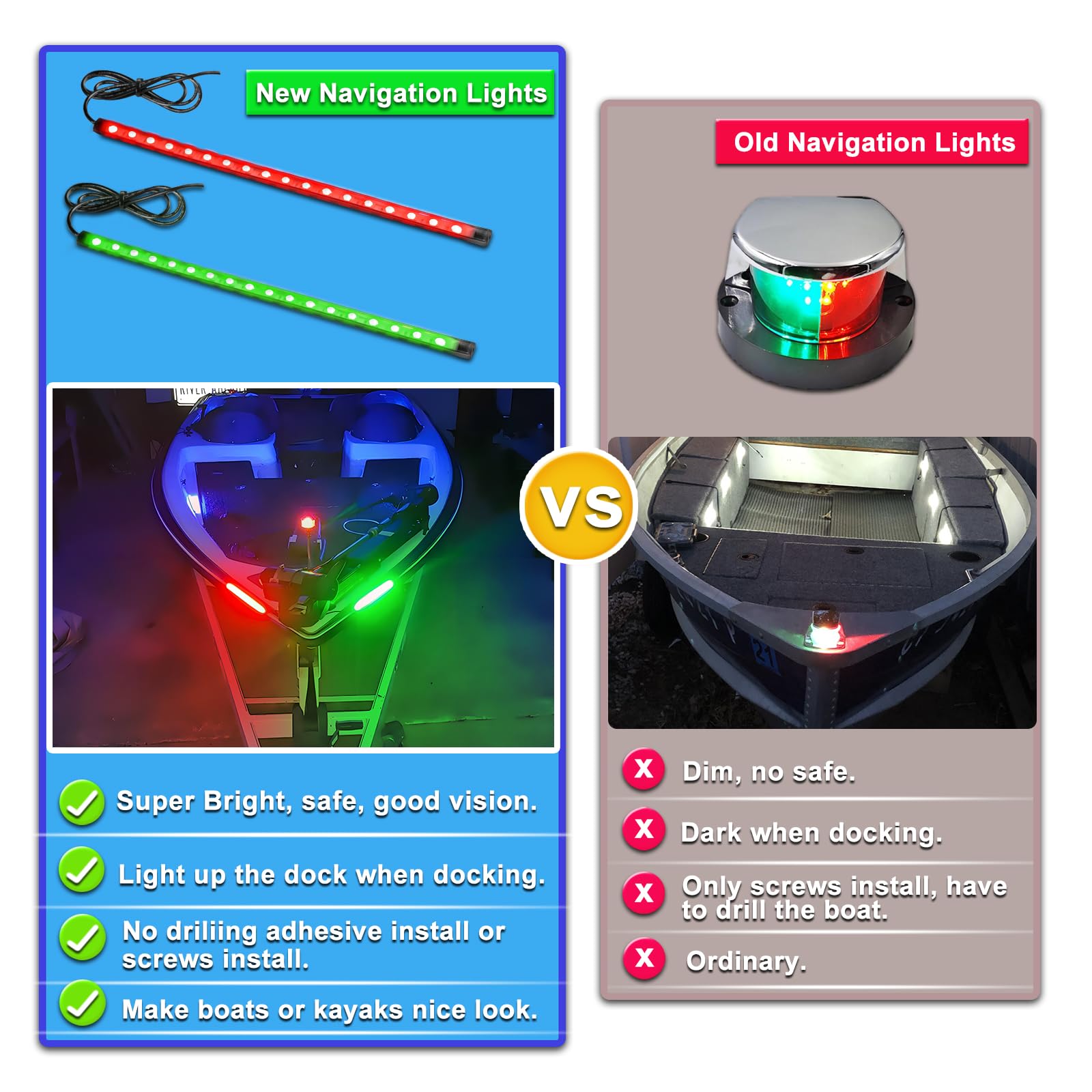 Seaperk LED Navigation Lights for Boats, Red & Green Bow Lights, ABS with Silicone Seal, Sea-Navigation Lights-RG