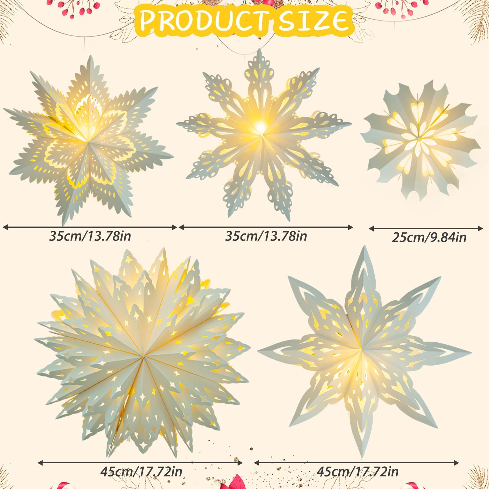 OuMuaMua 5 Pack Christmas Paper Snowflake Lanterns, White LED Hanging Lamps for Holiday Party Decorations, Model GSD001