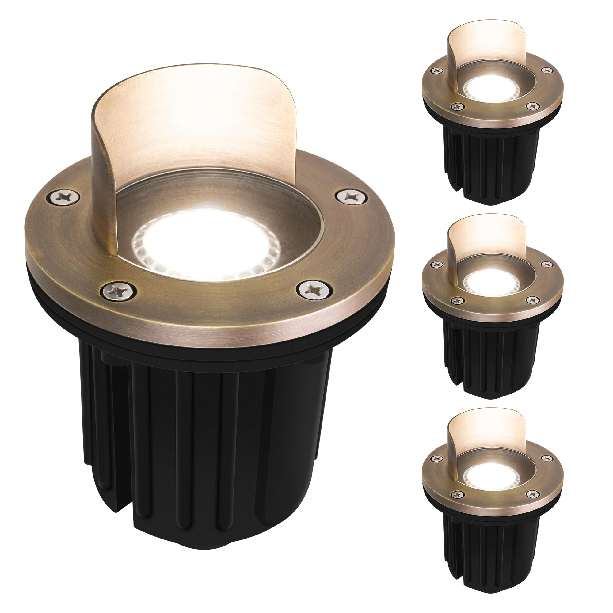 GKOLED 4 Pack, LED Brass Well Lights, 12V IP67 Waterproof Outdoor In Ground Light with MR16 Bulb and Swival Base, Low Voltage La