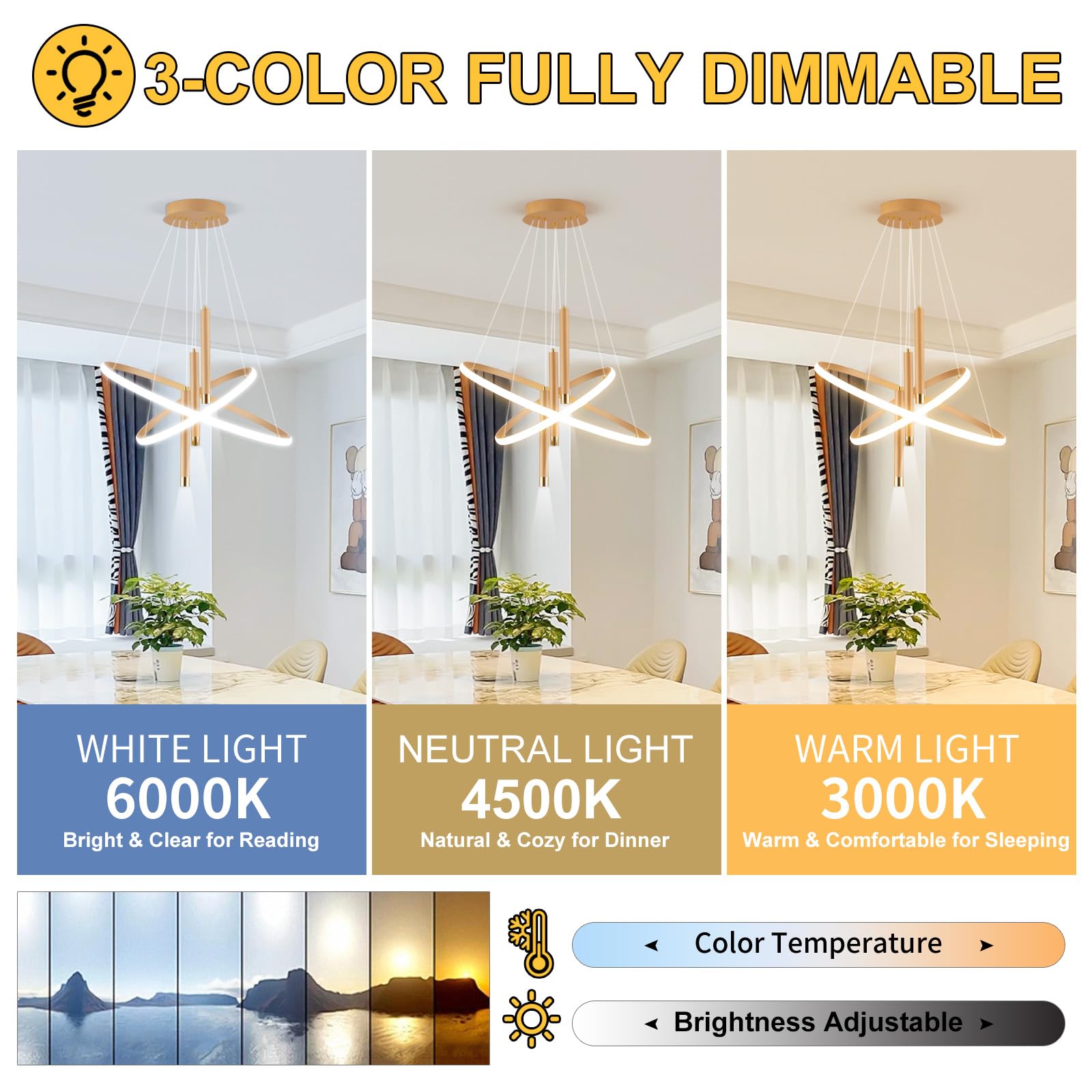 ORANOOR LED Gold Dimmable Chandelier, 24in, Aluminum, Model OR-7703G, 5250lm, 2 Ring Design for Dining Room and Living Room