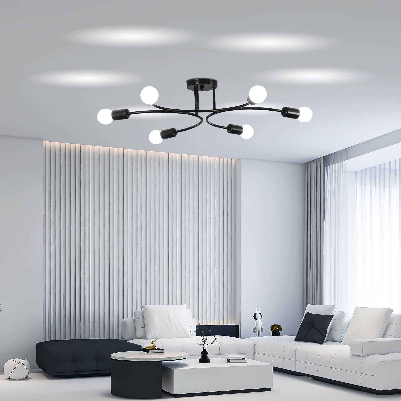 Frixchur Modern Semi Flush Mount Ceiling Light Fixture 6-Lights Sputnik Chandelier Light Black And Gold Close To Ceiling Light F