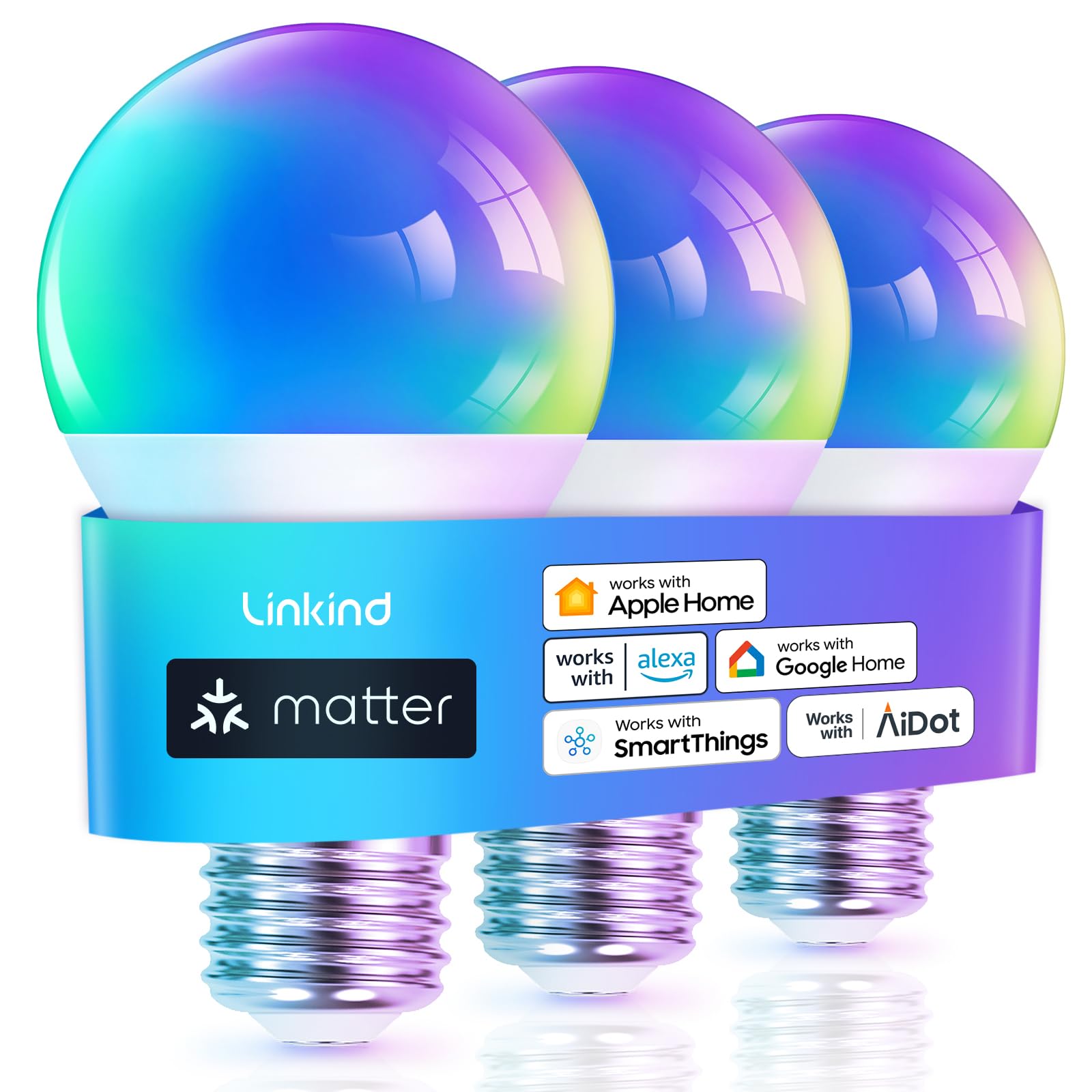 Linkind Matter Smart Light Bulb, Smart Bulbs Work With Apple Home, Siri, Alexa, Google Home, Smartthings, Color Changing Light B