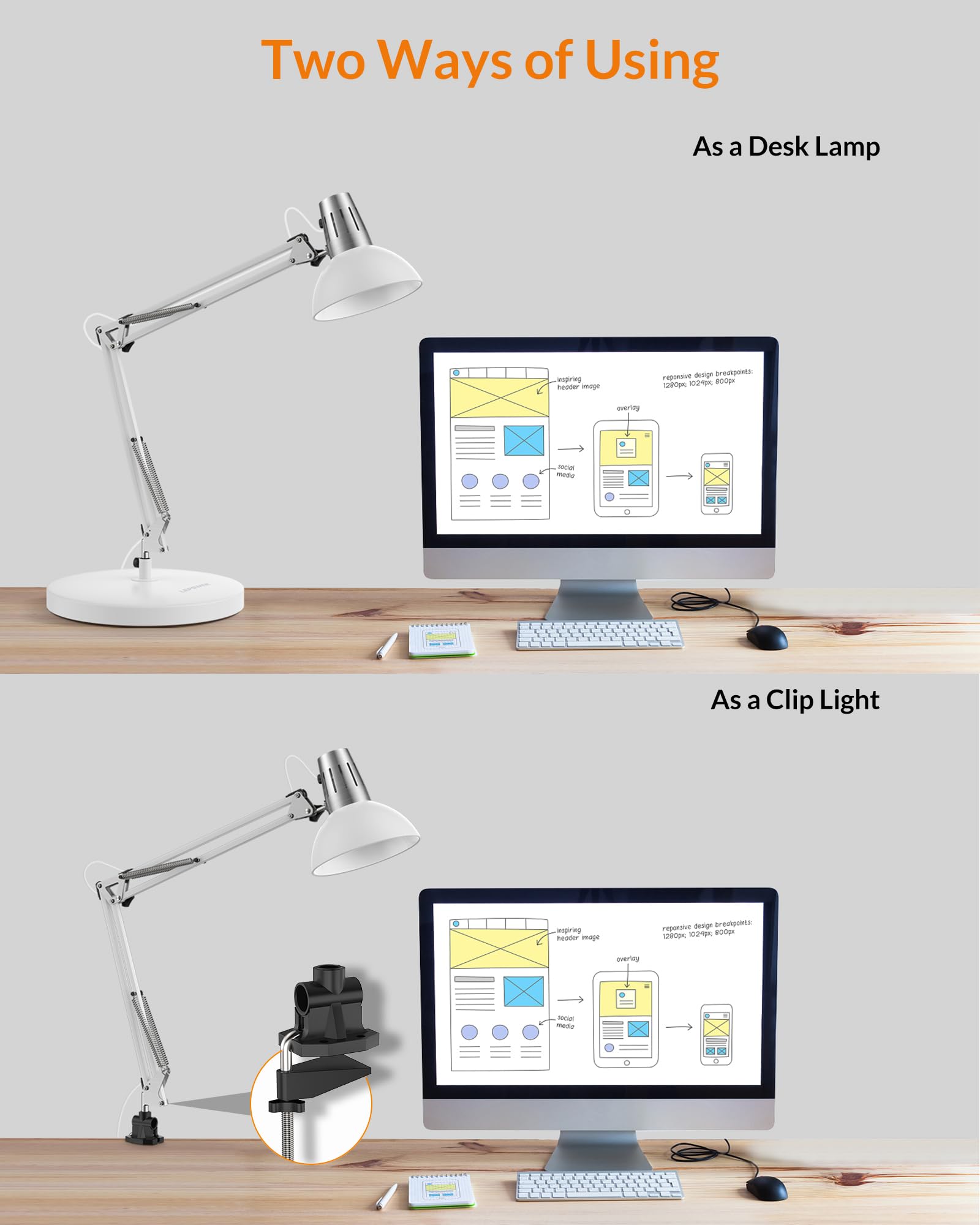 LEPOWER Metal Desk Lamp, Adjustable Goose Neck, On/Off Switch, Clamp, White, Model UT2020