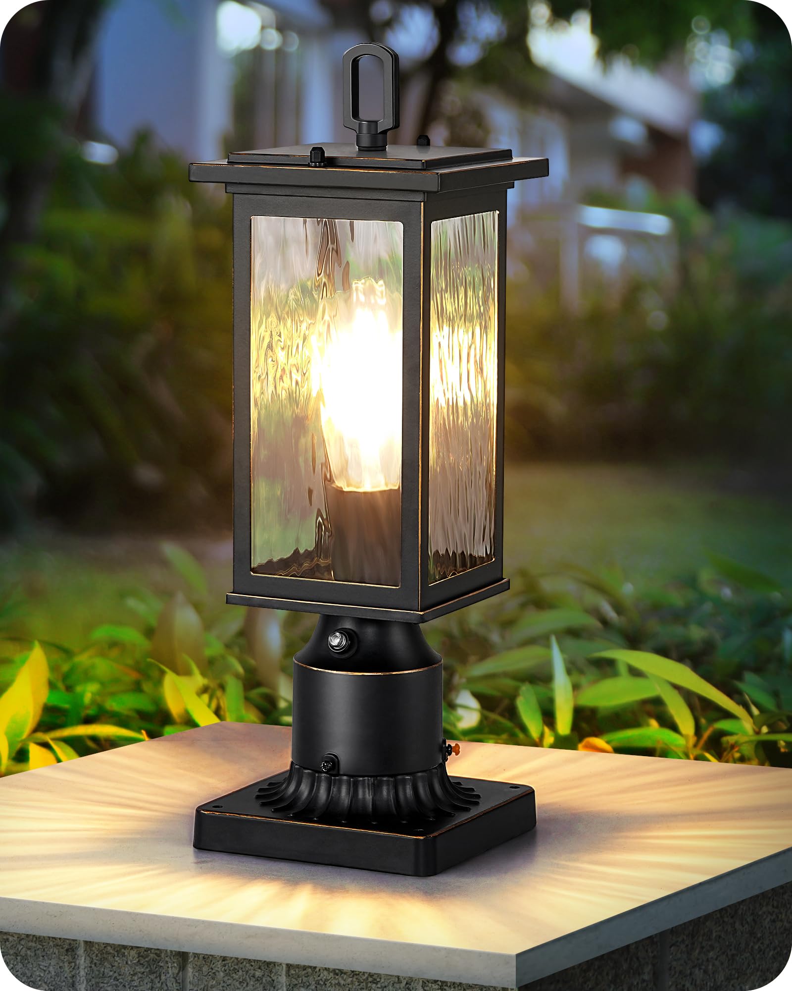 EDISHINE Dusk to Dawn Outdoor Post Light, Pole Light Fixture with Pier Mount Base, Water Ripple Glass & Aluminum Post Lantern He