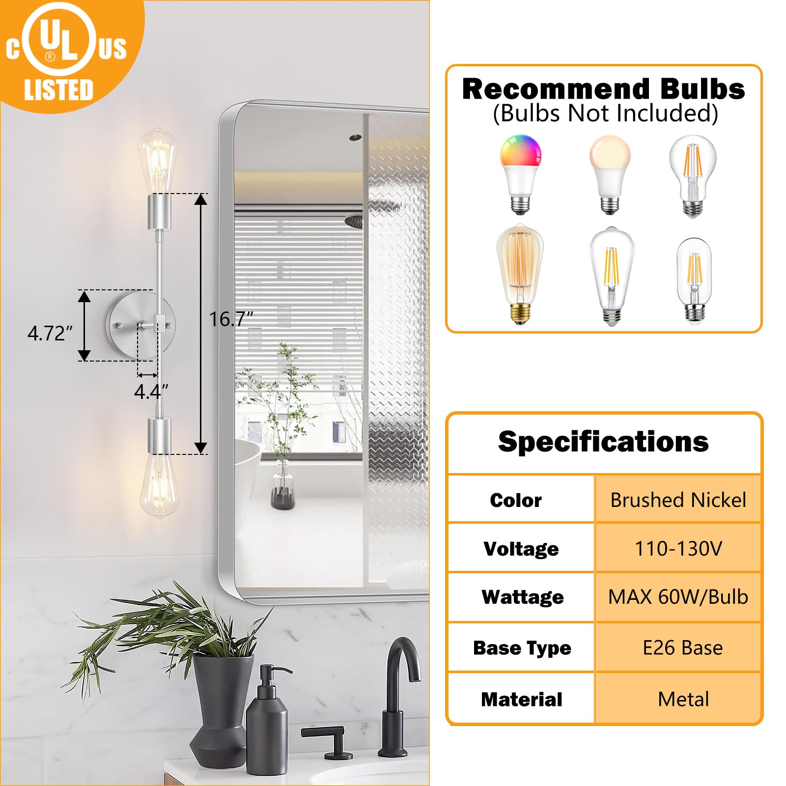 Fadimikoo 2-Light Brushed Nickel Vanity Lights For Bathroom, Silver Bathroom Lighting Fixtures Over Mirror, Modern Indoor Wall S