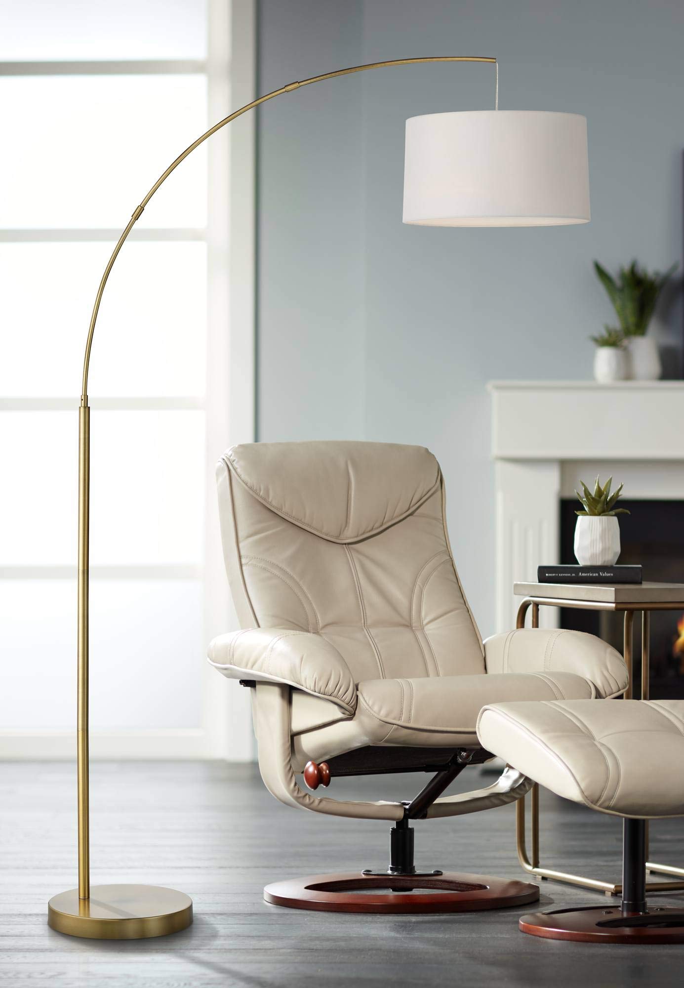 360 Lighting Mid Century Arc Floor Lamp 72in Tall Brass Gold White Linen Shade Model 88P41