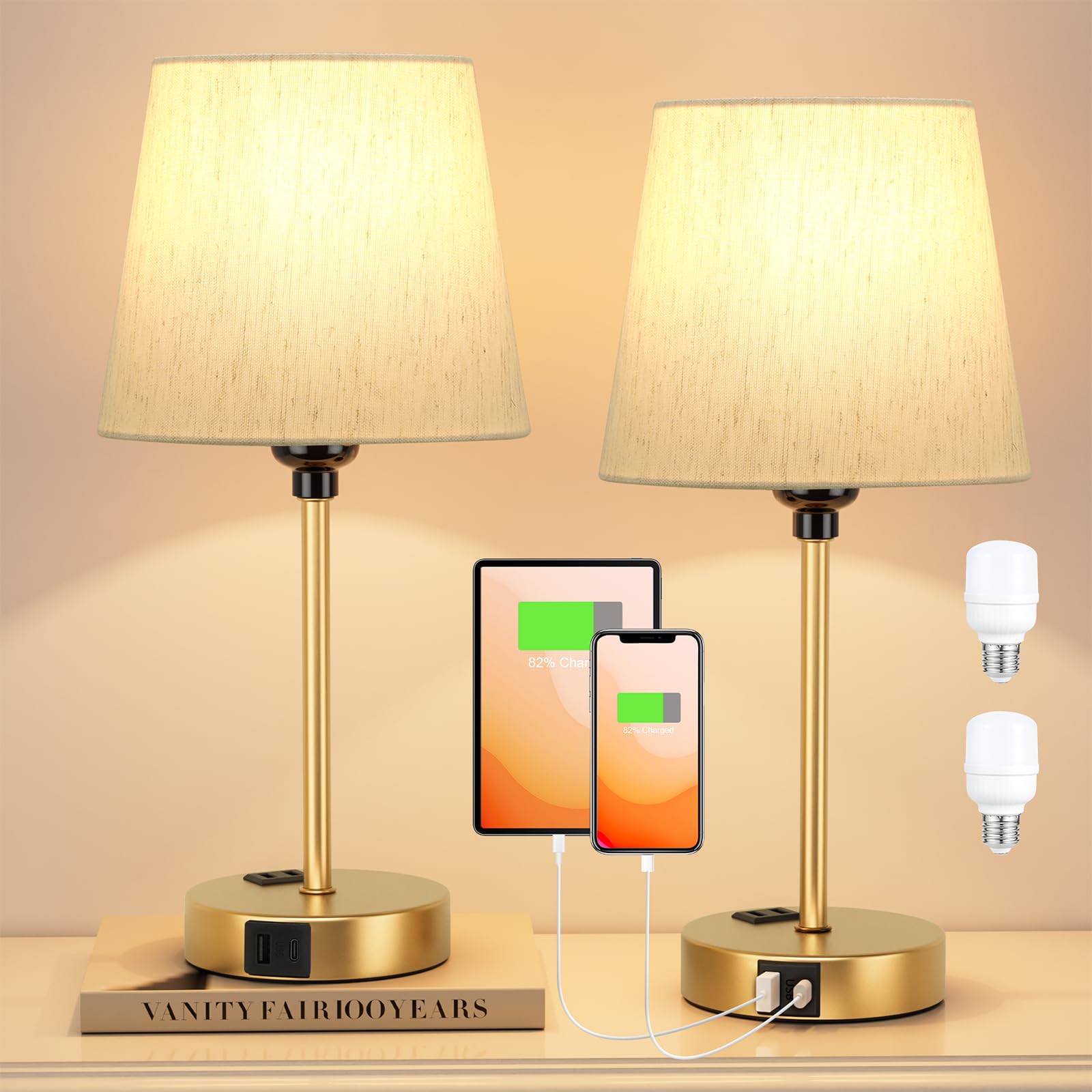 Acaxin Lamp For Bedrooms Set Of 2 - Nightstand Bedroom Lamp With Usb C Port And Ac Outlet Charging, 3 Way Dimmable Touch Control