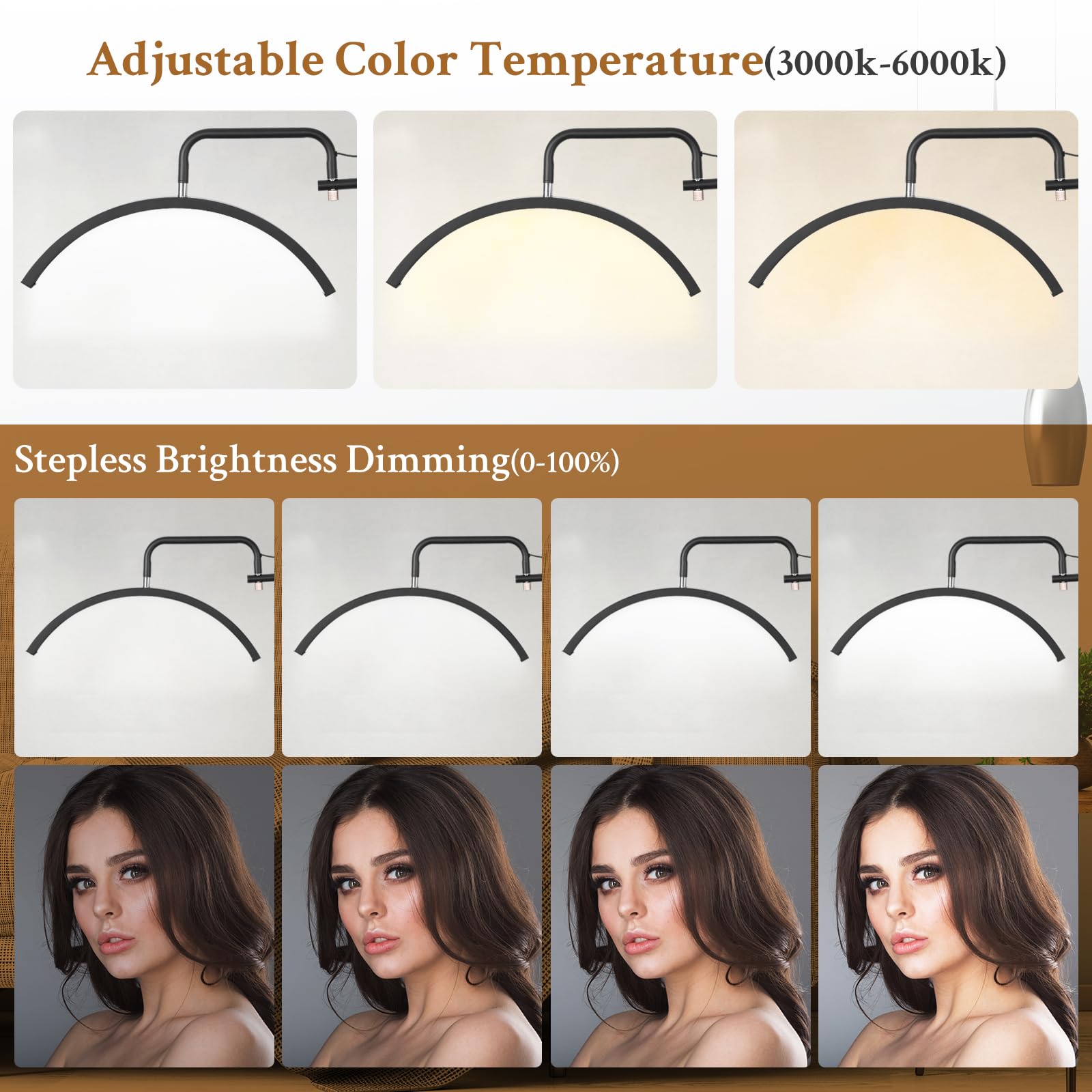 Mkpaei Lash Light For Eyelash Tech - Led Half Moon Light For Tattoo Artists, Esthetician Lights For Eyelash Extensions - Adjustable Brightness & Height, Warm To Cool Floor Lash Lamp With Phone Holder