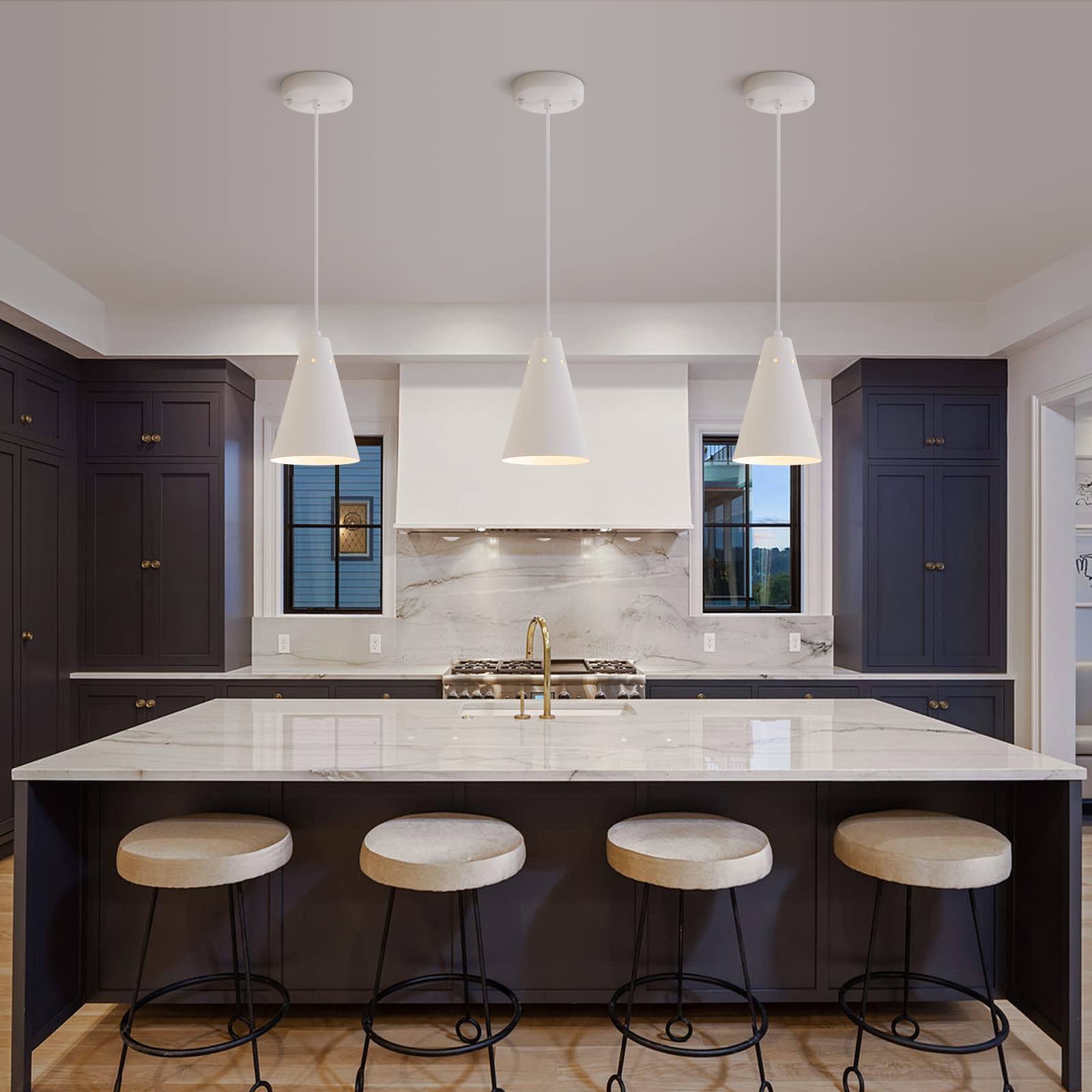 Dijiahua White Pendant Lights 3 Pack, Modern Metal Chandeliers, Adjustable Cord, Farmhouse Style For Kitchen Island & Dining Room