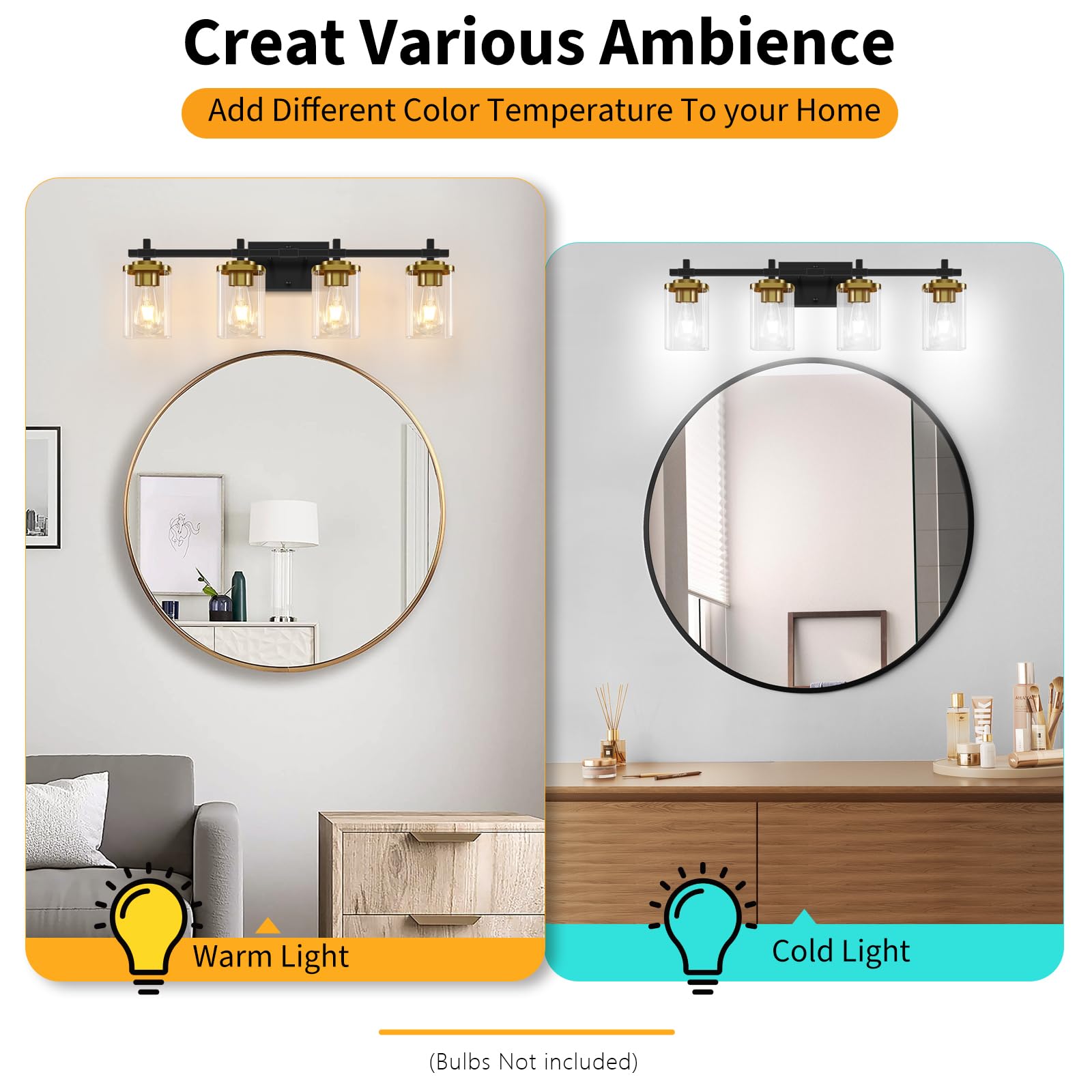 Spiglamm 4-Lights Black And Gold Bathroom Vanity Light, Modern Bathroom Wall Sconces Lighting With Clear Glass Shade, Gold Vanit