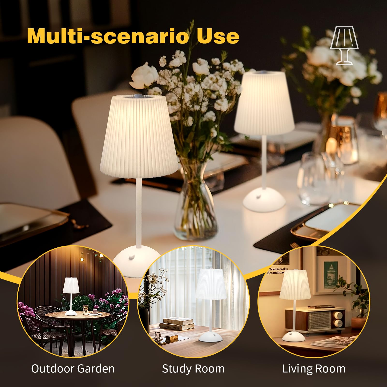 Portable Cordless Table Lamp, Fabric Shade Desk Lamps, 3000mAh Rechargeable Battery Operated Light, 3Color Dimmable Touch Lamp f