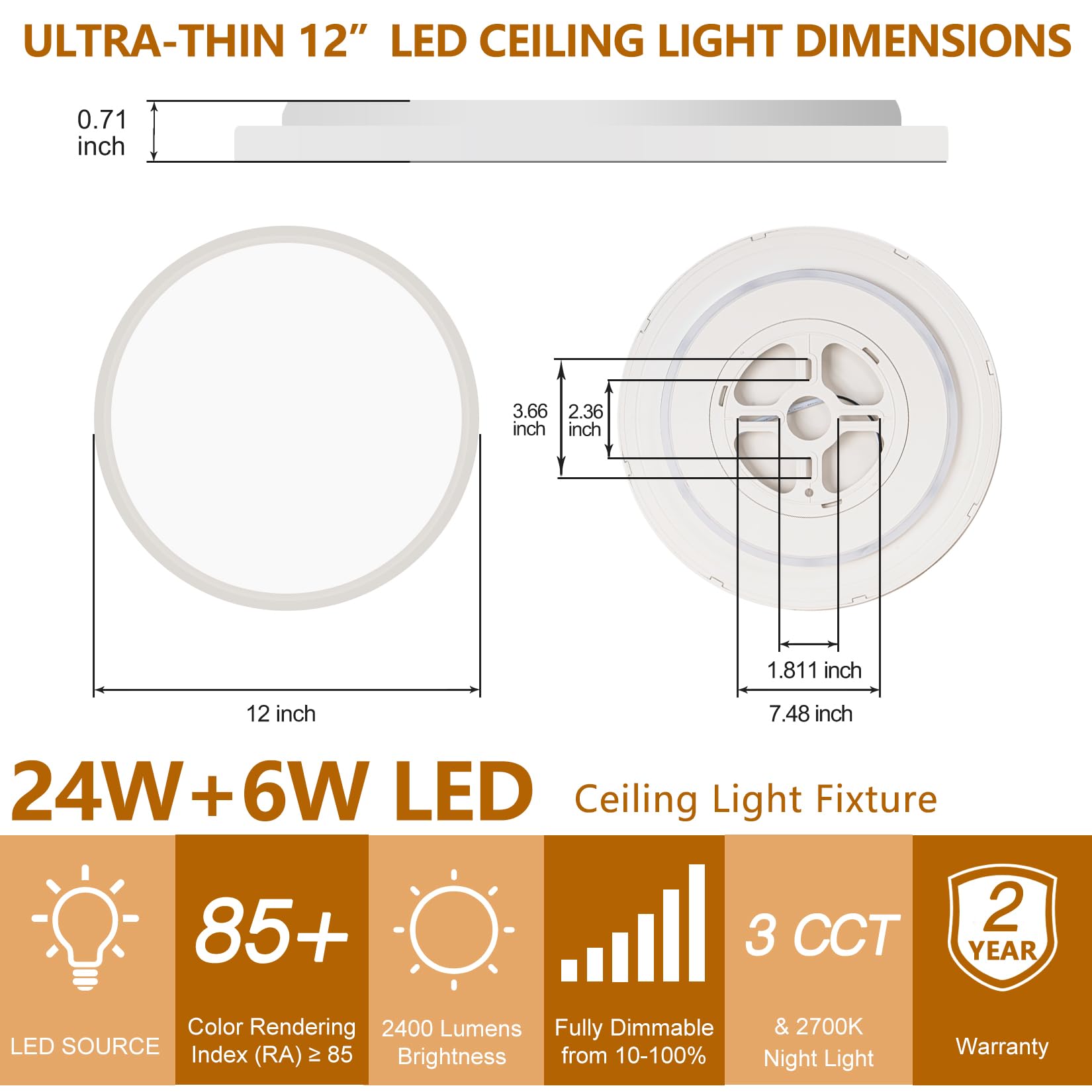 Bargeni Flush Mount Ceiling Light,12 Inch Led Ceiling Light Fixture With Night Light,24W/3000K/4000K/5000K Dimmable,Light Fixtur