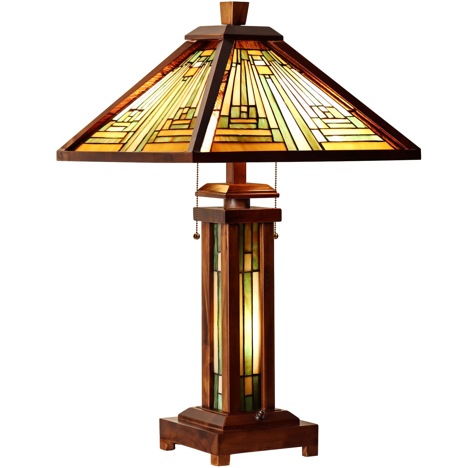 Capulina Tiffany Lamp Stained Glass Table Lamp 3-Light 15X15X26 Inches Amber Brown Wooden Base Tiffany Style Desk Lamp with Night Light Decor for Living Room Bedroom Home Office