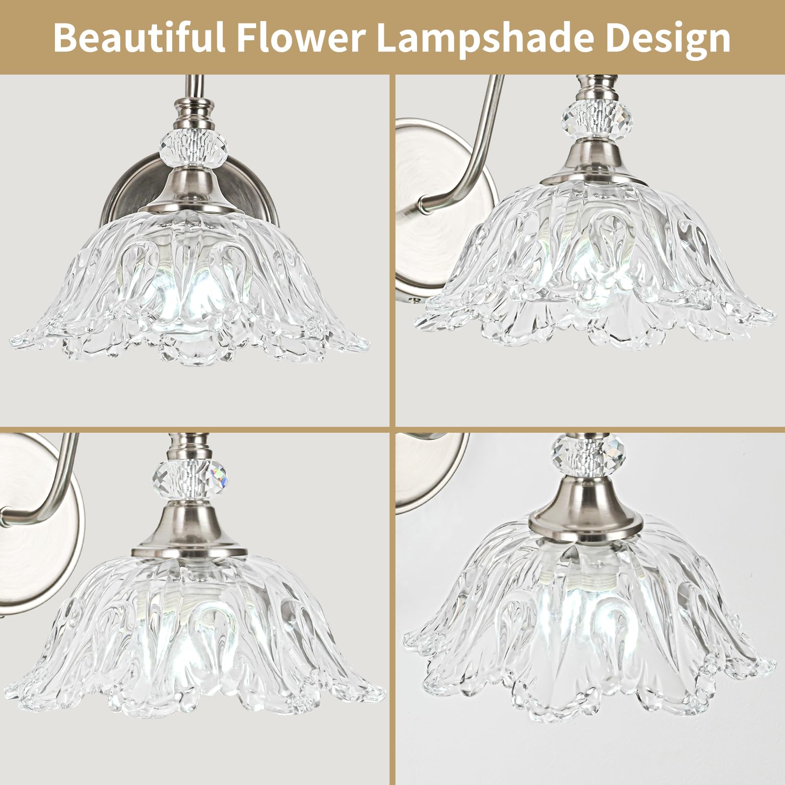 sunkryster Brushed Nickel Wall Sconce - 1-Light Modern Bathroom Vanity Light with Floral Clear Glass Shade, Model Sun-104AB-1-Nickel