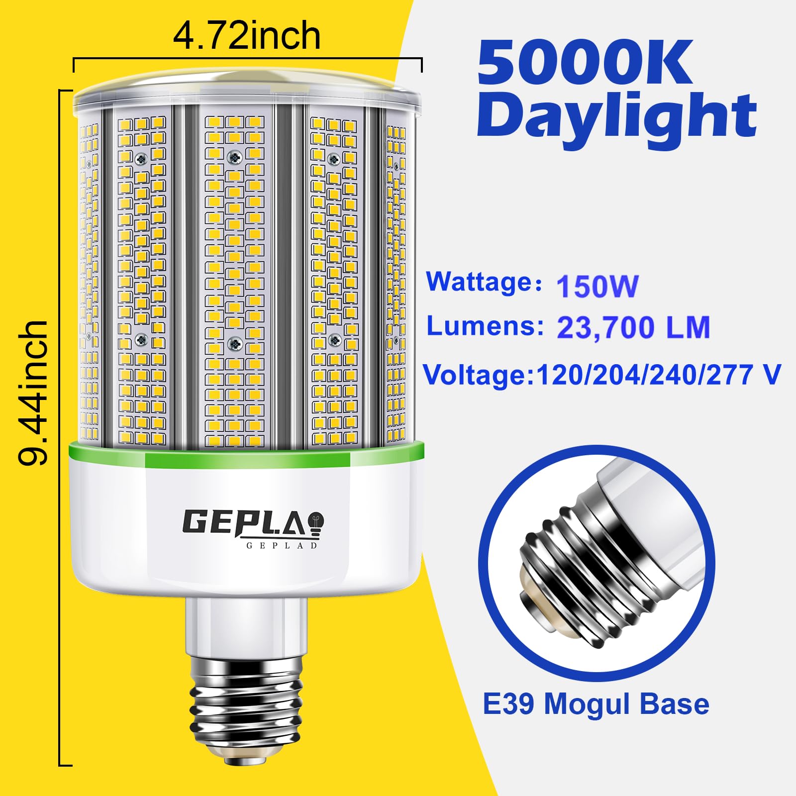 GEPLAD LED Corn Bulb 1500W Replacement, 150W E39 Mogul Base, 23700 Lumens, 5000K Daylight, 2-Pack