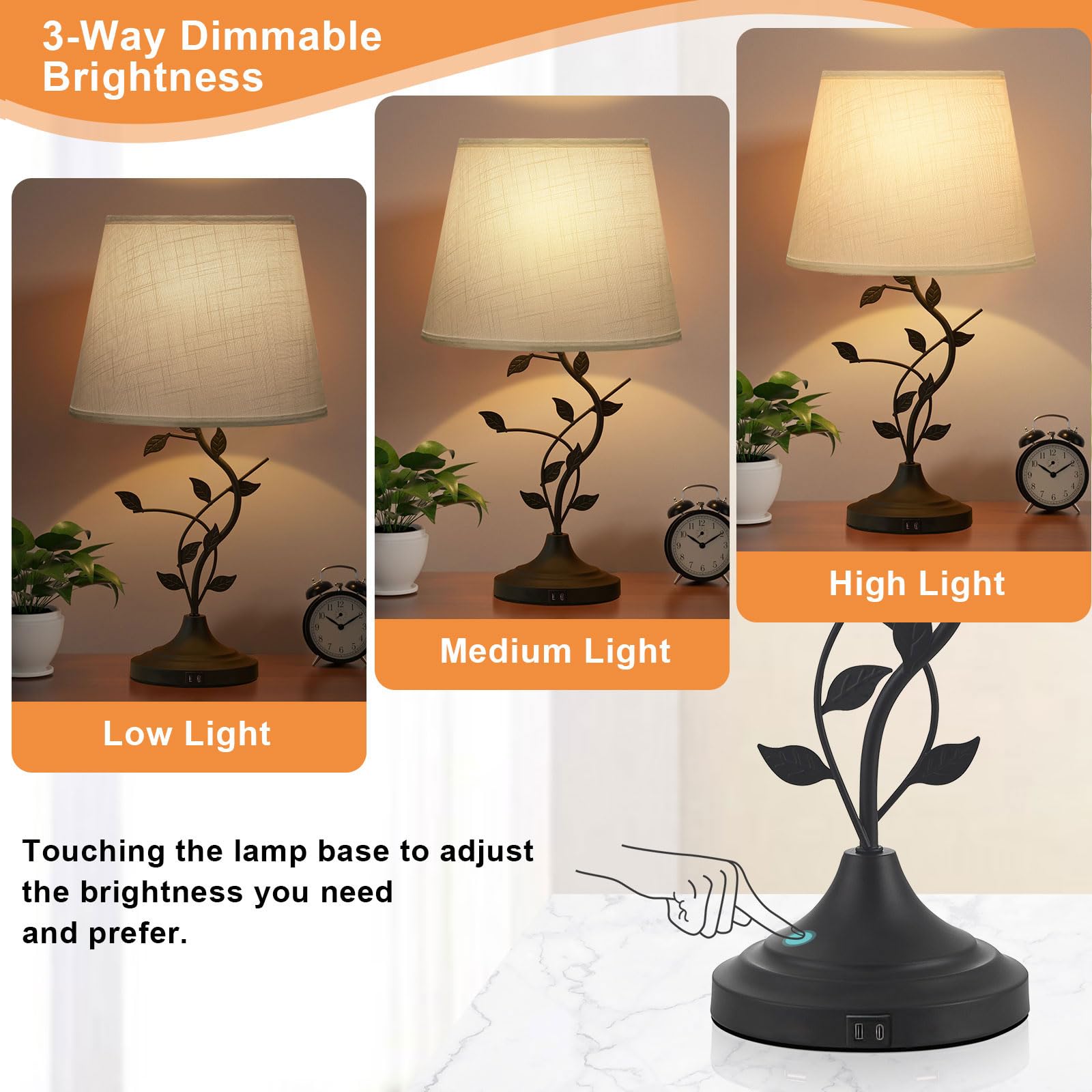 Kakanuo Usb Touch Table Lamp Bedside Lamp With Usb C Charging Ports For Living Room, White 3 Way Dimmable Traditional Nightstand