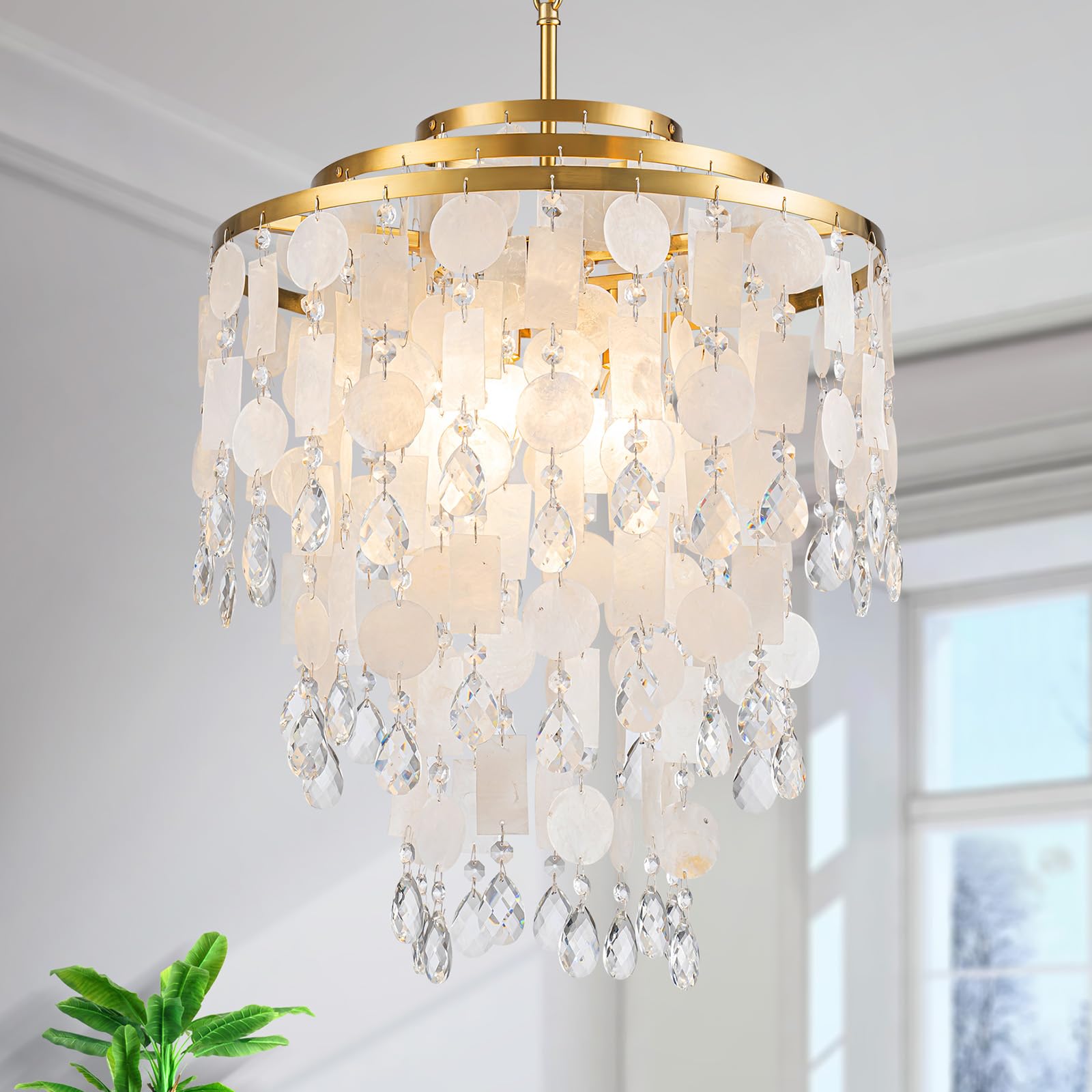Lumfurn 4-Lights Capiz Shell Chandeliers, For Dining Room, Living Room, Bedroom, 3-Layer Modern Pendant Light Fixture D17.7 X H2