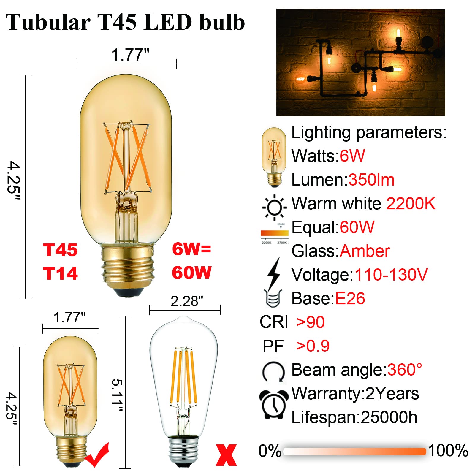 Litehistory E26 Led Bulb 6W Equivalent E26 Bulb 60 Watt Warm White 2200K Amber E26 Edison Bulb Dimmable Ac120V 400Lm Tubular T14 T45 Led Bulb For Pendant, Sputnik,Vanity,Wall Sconces Pack Of 6
