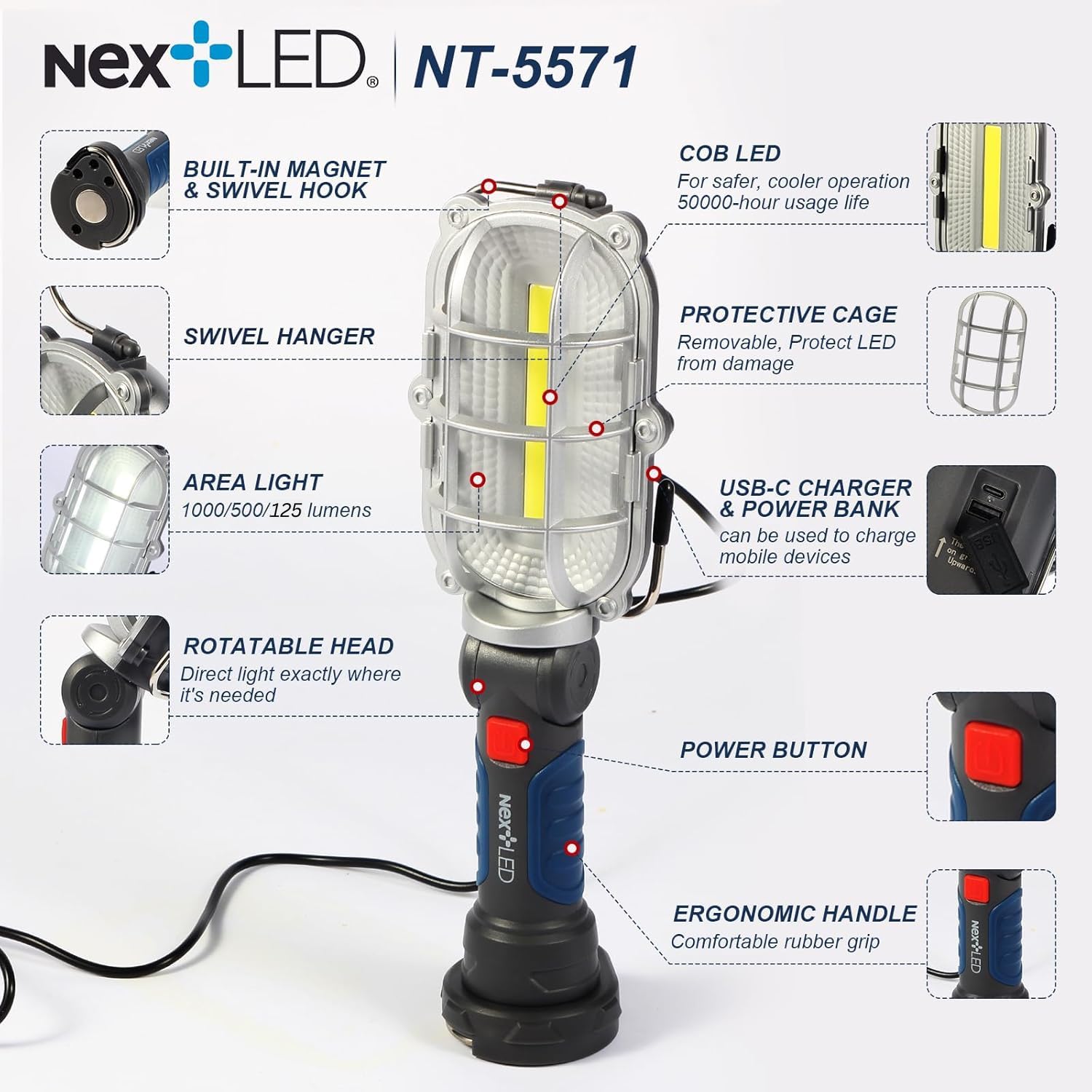 Nextled Nt-5571 Rechargeable Magnetic Led Work Light, 1000 Lumen Led Trouble Light, Cordless Led Drop Light, Mechanic Flashlight For Garage, Magnetic Base & Hook Automotive Work Light For Car Repair