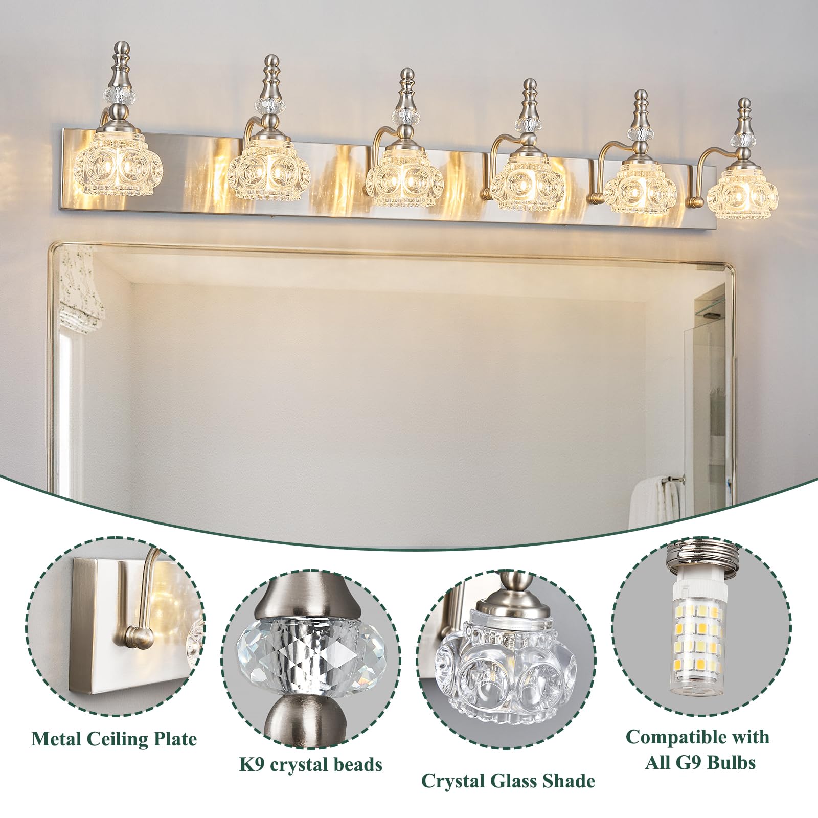Lbsqj Modern Glass Crystal Vanity Light - Vintage Bathroom Lighting Fixtures Over Mirror  6 Light Vanity Lights G9 Bulb (43.3 Inch  Nickel)