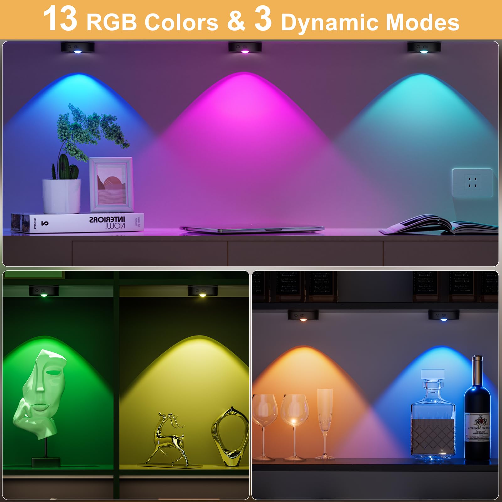 HOMEBEST Puck Lights with Remote, Rechargeable, 13 RGB Colors, Model HL05, Black, 6 Pack