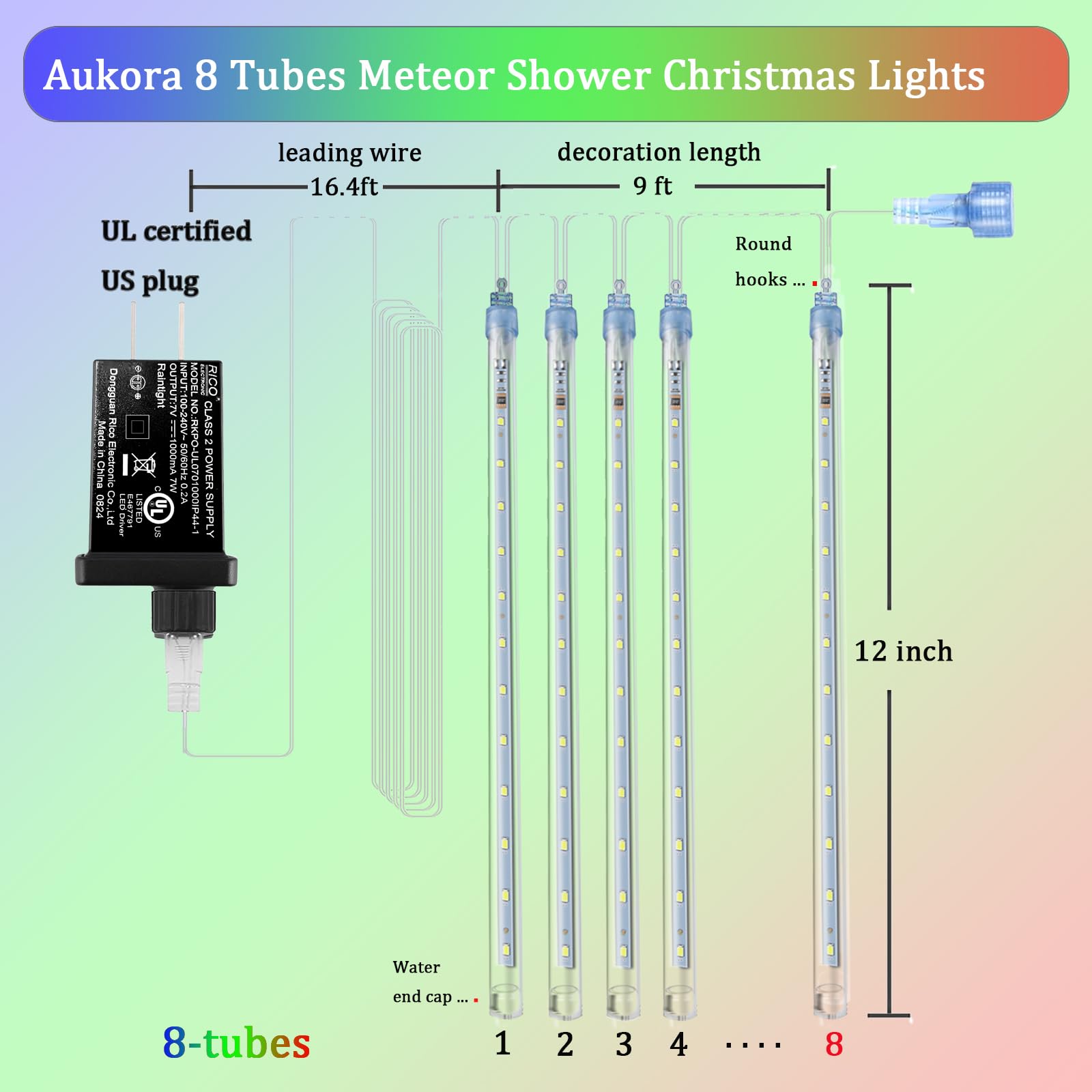 Aukora Christmas Lights Outdoor, Ul Plug Halloween Lights Outside, Led Meteor Shower Lights, 11.8In 8 Tubes 192 Leds - For Xmas,