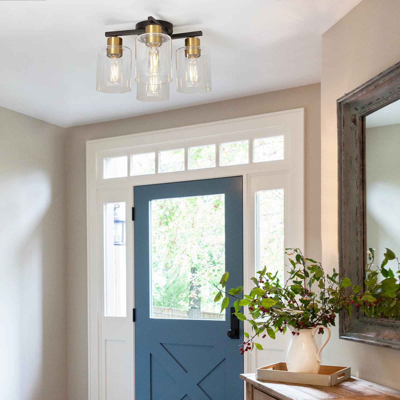 Diduio 4-Light Semi Flush Mount Ceiling Light, Black And Gold Kitchen Lighting Fixtures Ceiling, Farmhouse Ceiling Light With Cl