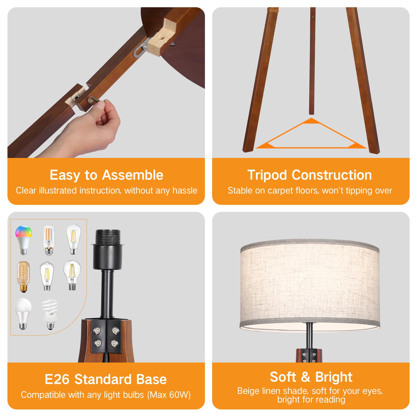 Outon Dimmable Wood Tripod Floor Lamp With Shelves, Remote Control, Mid Century Modern Standing Lamp 58.5'' For Bedroom, Living