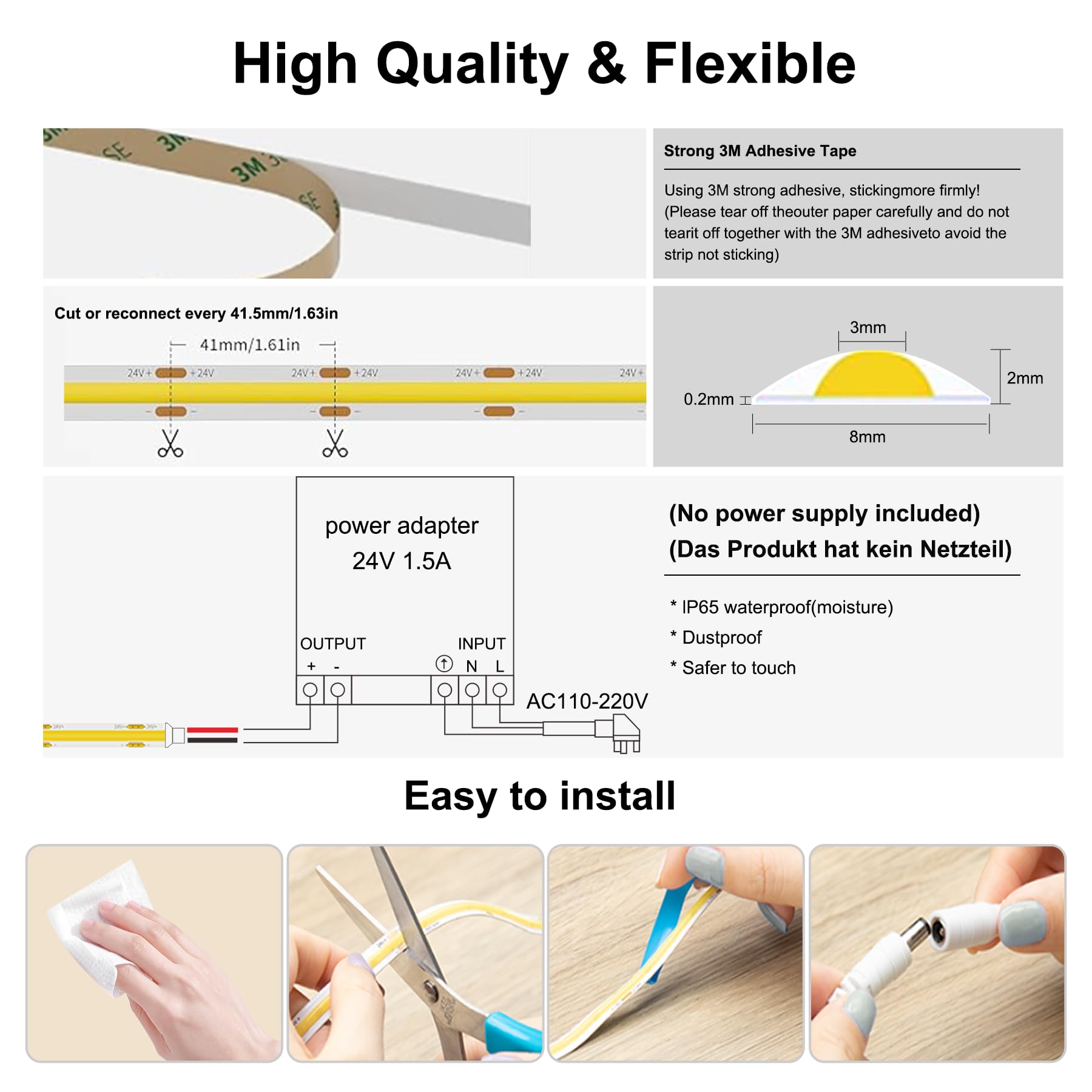 Pandery Cob Led Strip Lights,24V Daylight White 6000K,Ip67 Waterproof Led Light Strip,480Leds/M,16.4Ft/5M,Cri90+ Outdoor Led Str