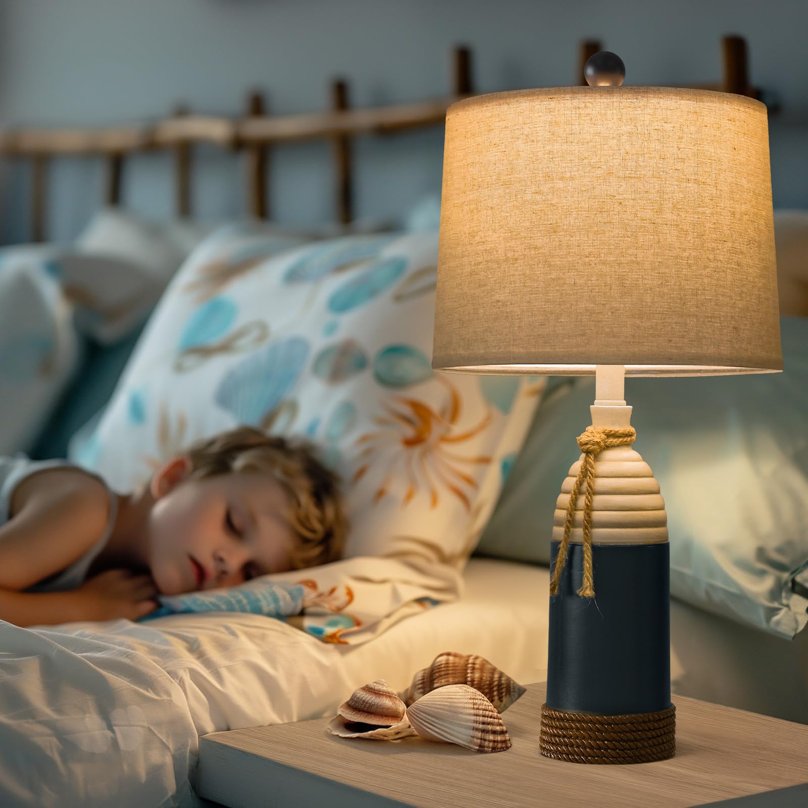 Oyears Set Of 2 Navy Blue Resin Table Lamps - Coastal Nautical Nightstand Lighting