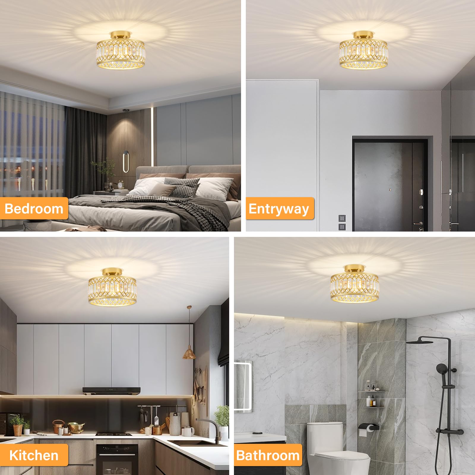 Yurnyq Crystal Ceiling Light Fixture, Modern Semi Flush Mount Ceiling Light, Gold Lighting Fixtures Ceiling Lamp For Hallway, Ki